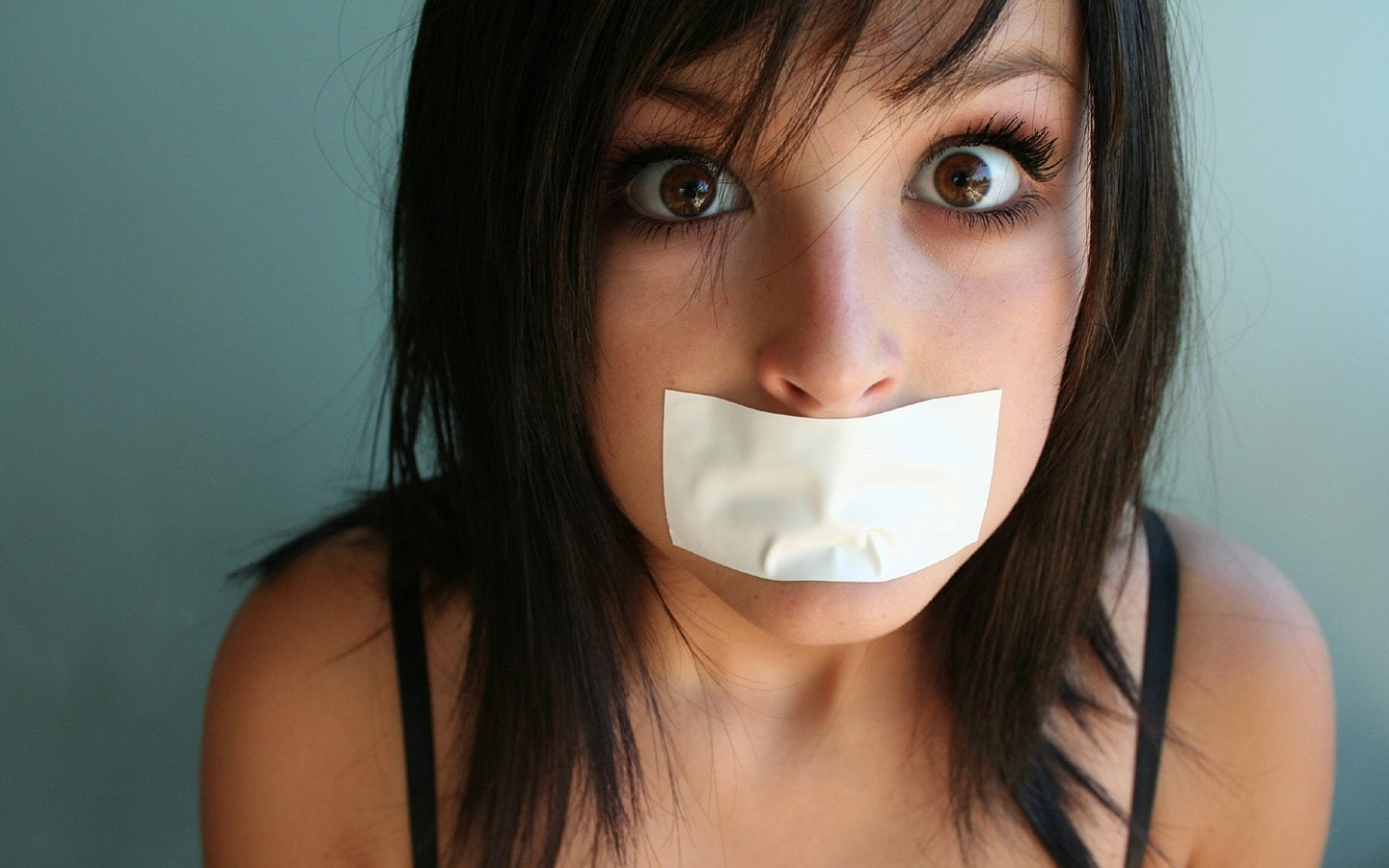 brunettes, gag, 720P, tape, brown, eyes, women, HD Wallpaper