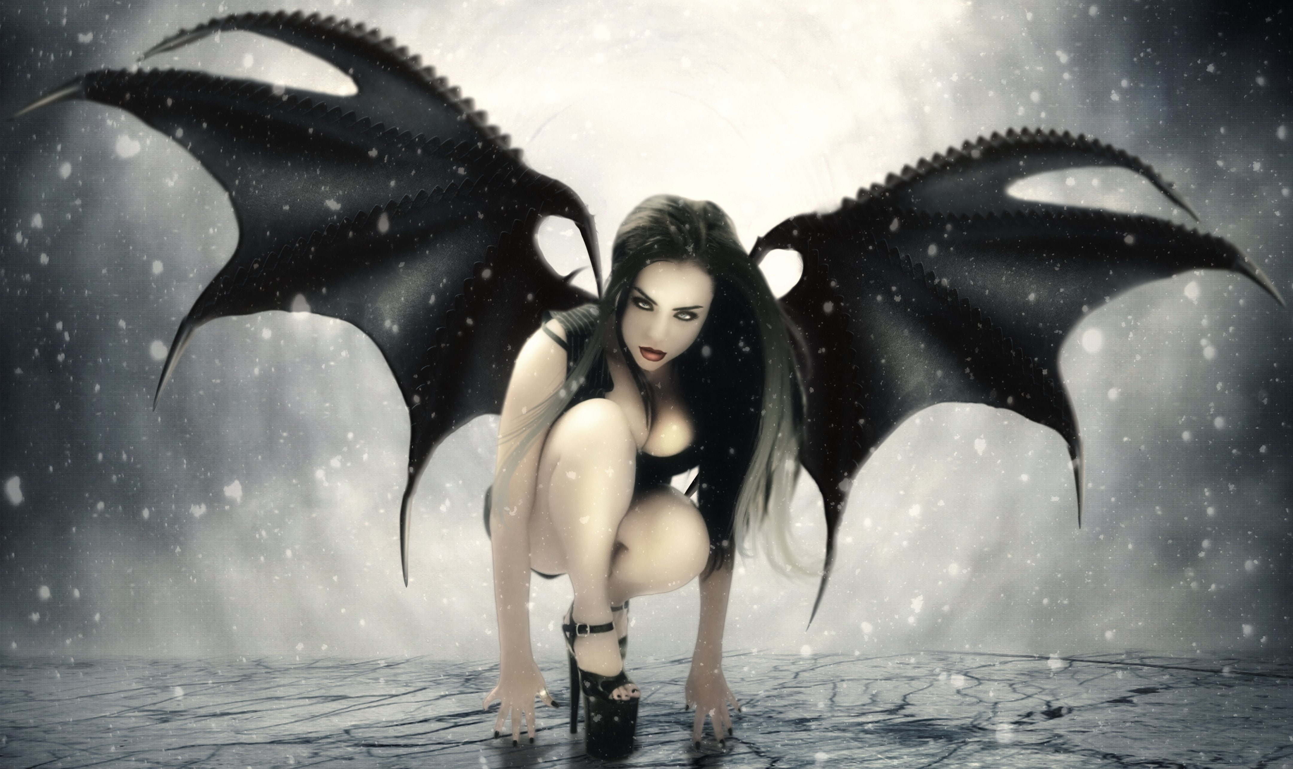 4K, wings, black, demon, girl, gothic, fantasy, gelinas, art, jennifer, dark, HD Wallpaper