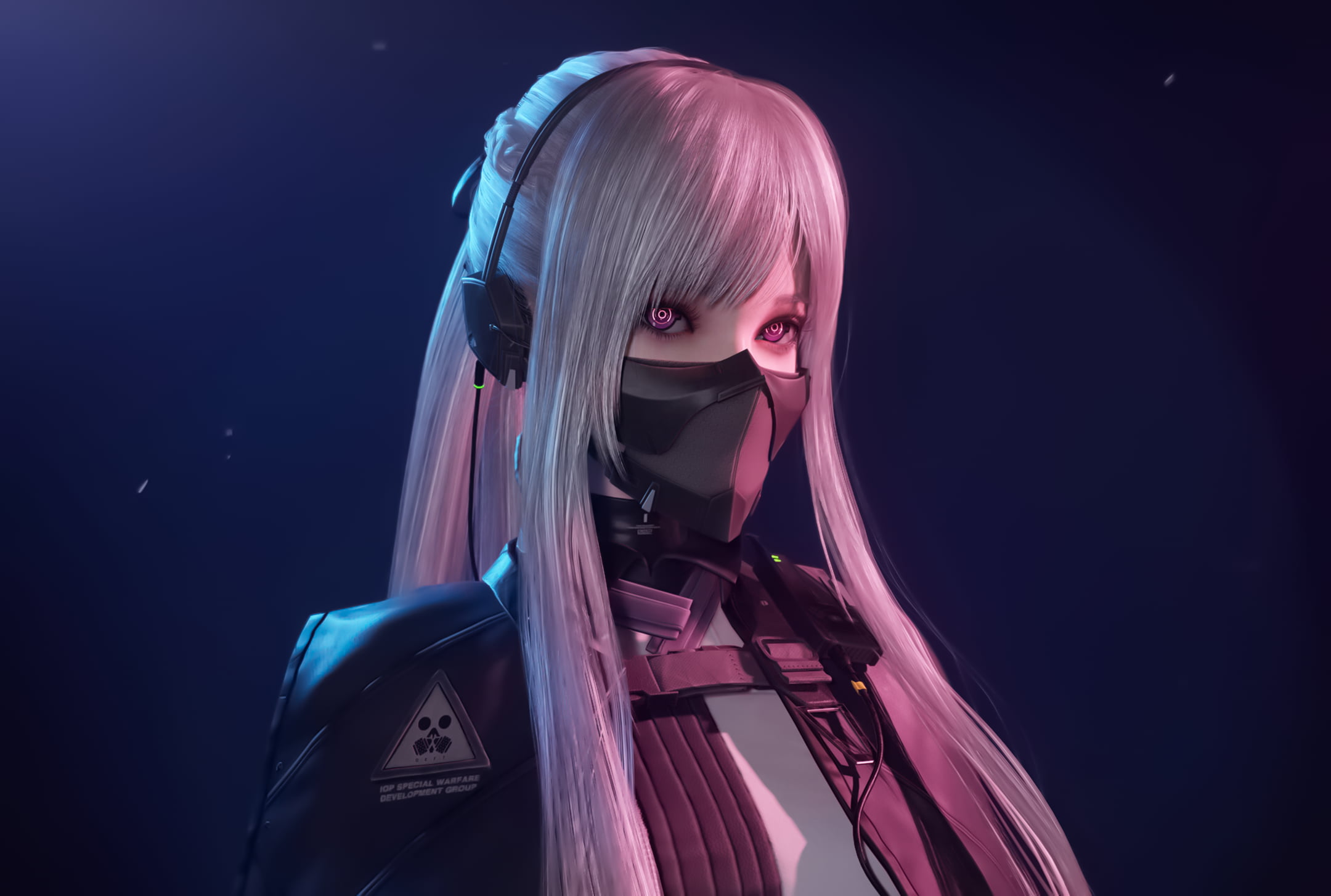 pink light, CGI, simple background, jacket, gradient, long hair, 1080P, cyberpunk, Kim Yeong Gyu, silver hair, women, mask, headphones, pink eyes, HD Wallpaper