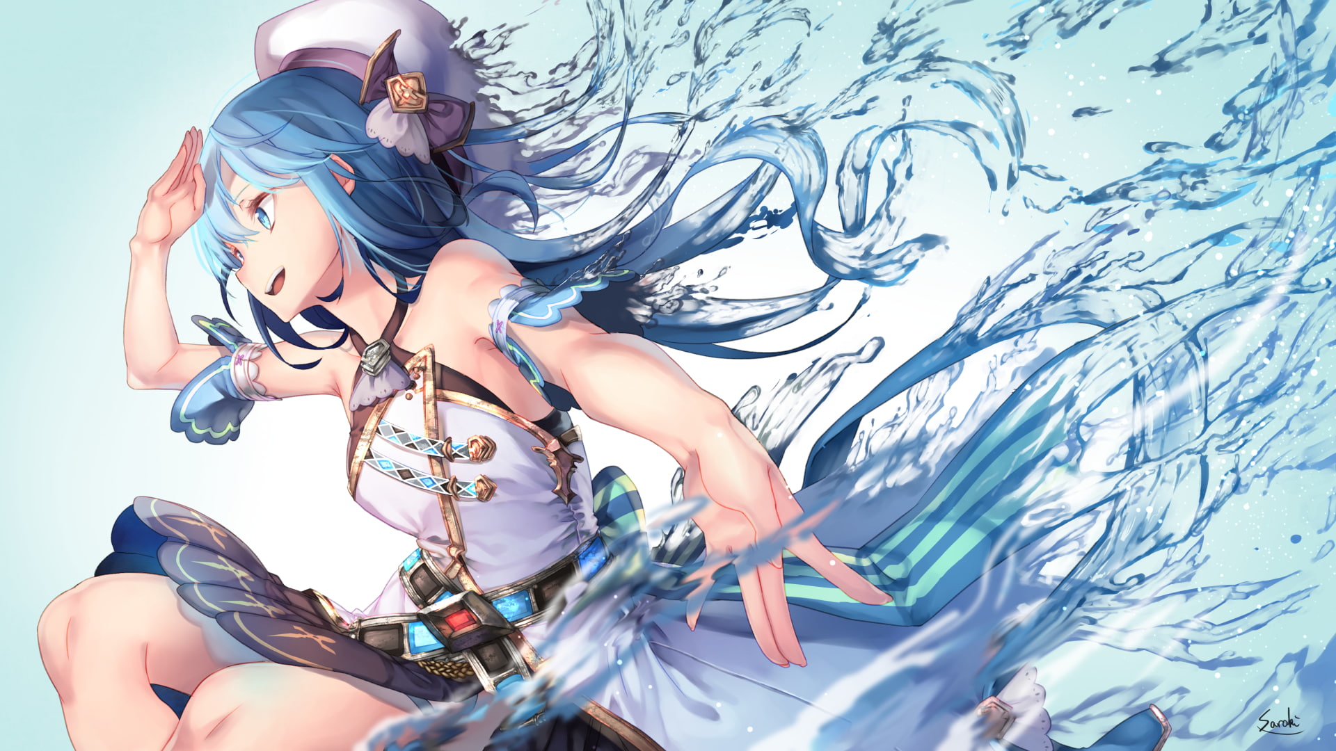 hat, long hair, aqua eyes, 1080P, gradient, white  background, aqua hair, water, HD Wallpaper