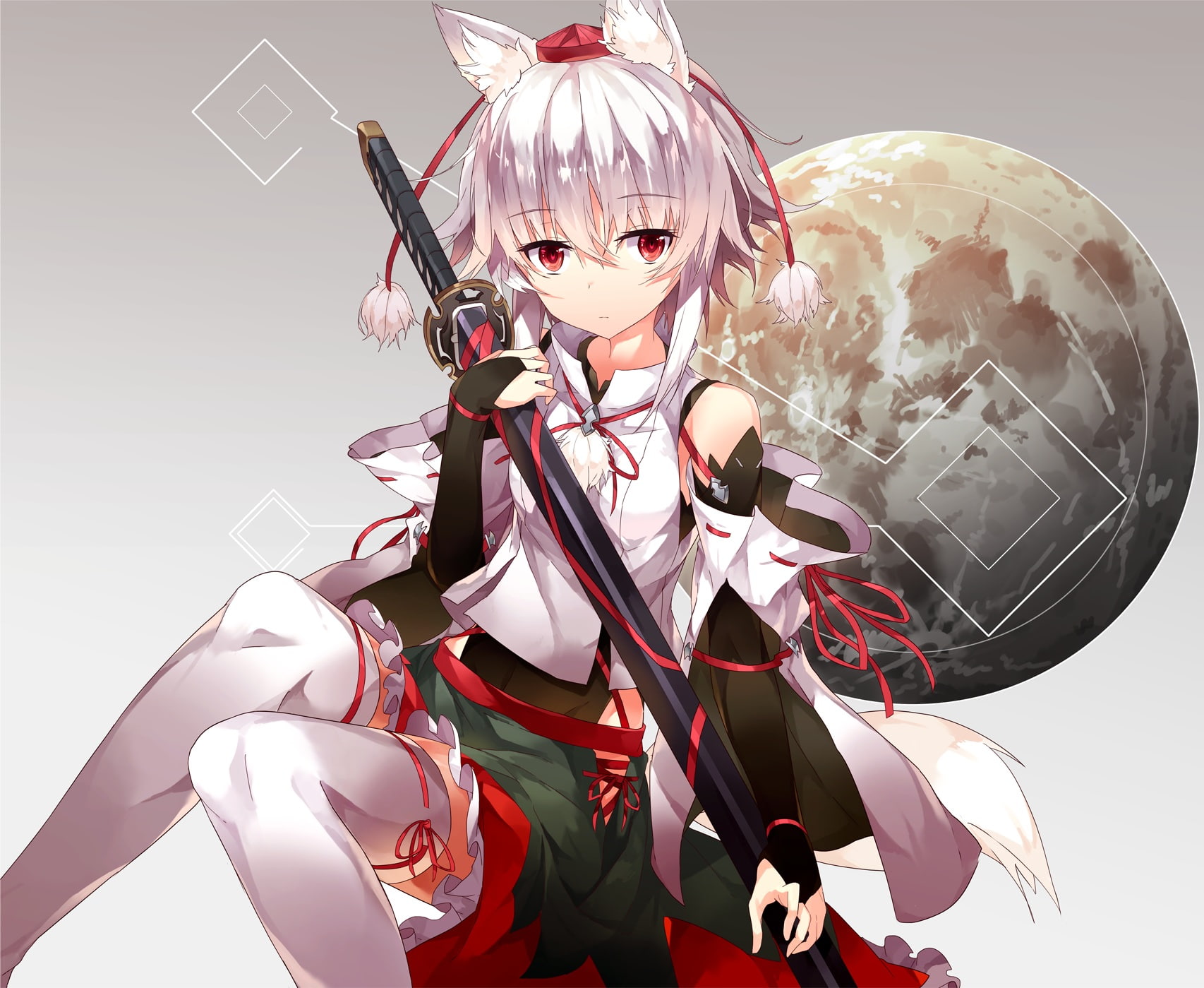 sword, 257110, weapon, 720P, red, ears, short, white, inubashiri, wolfgirl, hide448, thighhighs, com, momiji, touhou, konachan, eyes, tail, animal, gradient, HD Wallpaper