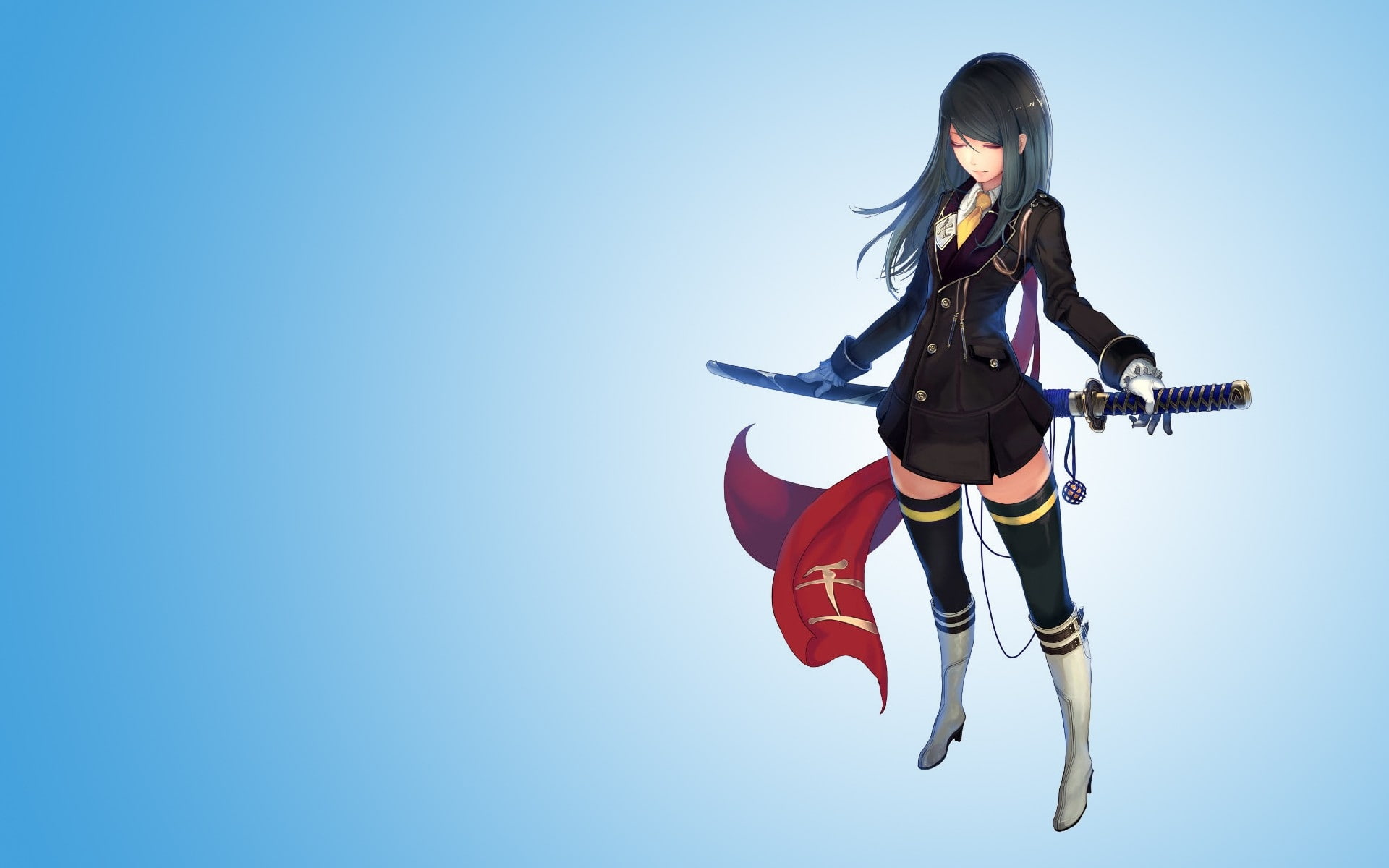 gradient, simple, girls, weapons, Katana, hd, Gloves, long hair, highs, anime, hair, 1080P, thigh highs, eyes, people, art, thigh, long, background, sword, HD Wallpaper