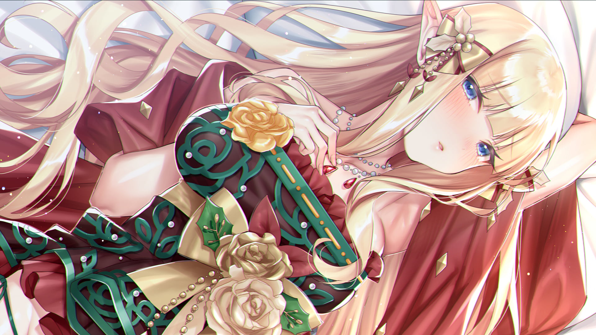 necklace, roses, long hair, pointy ears, blue eyes, 1080P, blonde, holding breasts, flowers, HD Wallpaper