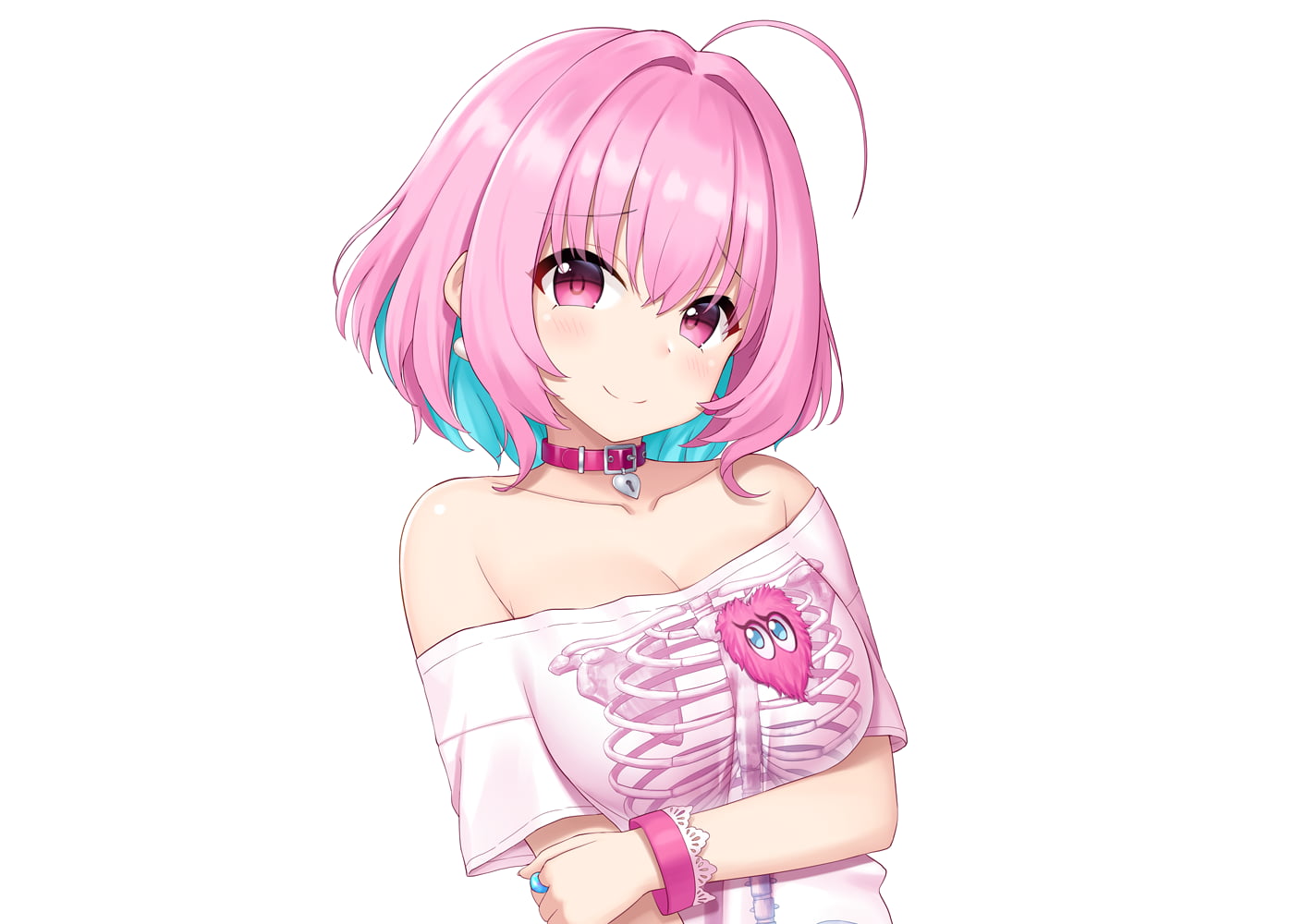 720P, Riamu Yumemi, short hair, pink eyes, collar, breast hold, cleavage, multi-colored hair, HD Wallpaper
