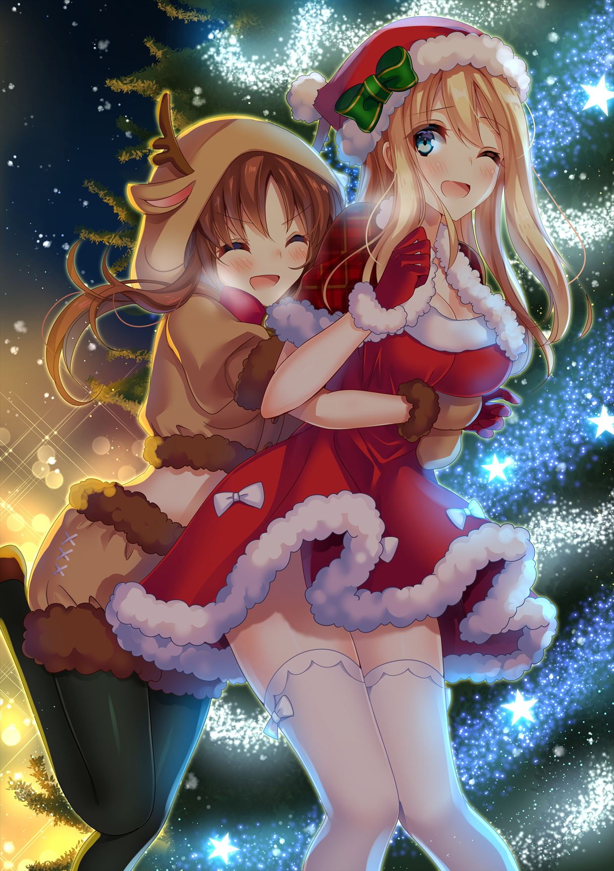 pantyhose, Santa hats, thigh-highs, animal ears, breast hold, horns, blonde, 720P, Christmas, portrait display, cleavage, Phone HD Wallpaper