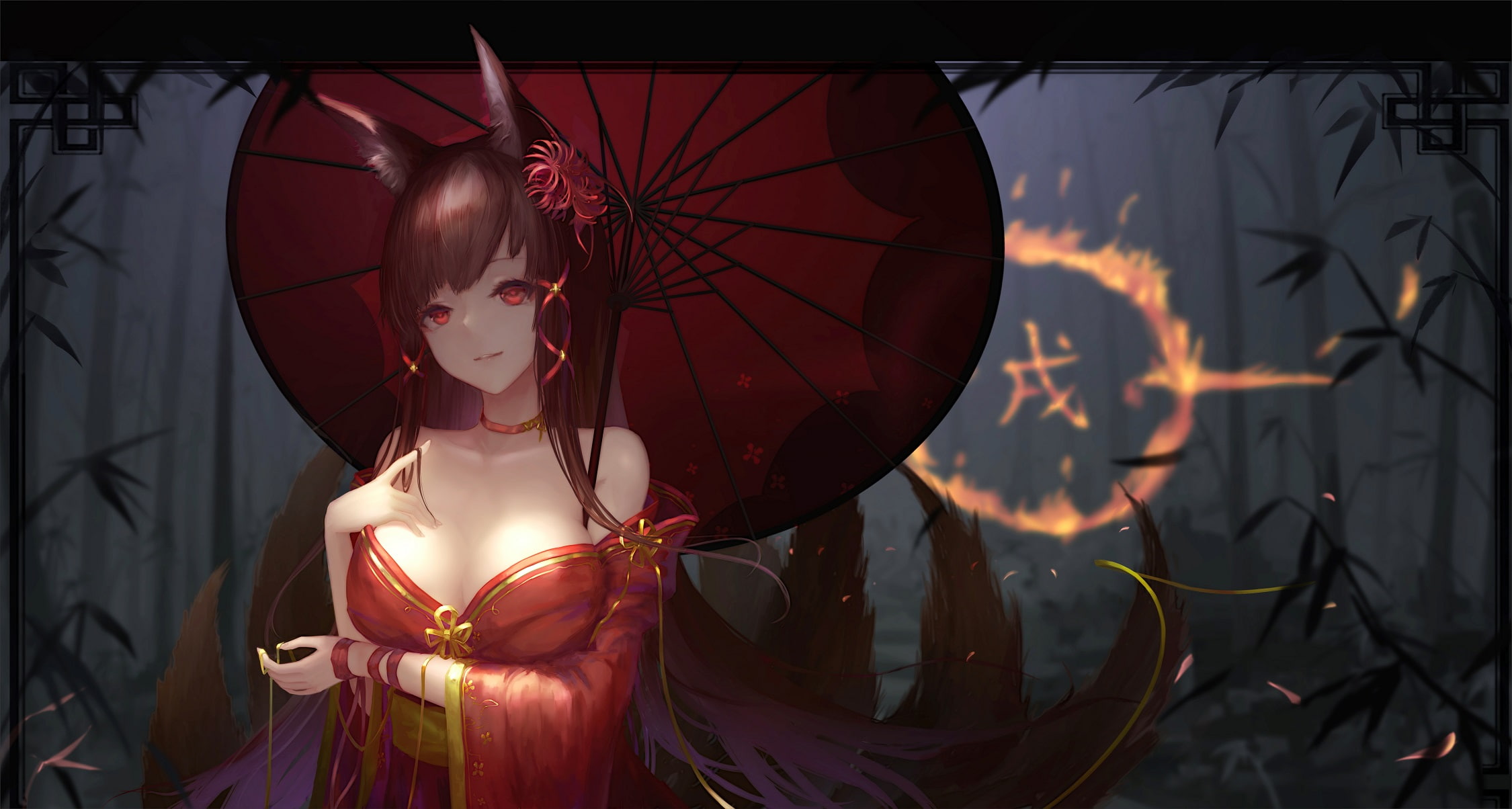 konachan, foxgirl, animal, com, long, umbrella, ribbons, cleavage, 260610, ears, choker, jpeg, brown, lane, tail, hold, multiple, artifacts, 1080P, eyes, HD Wallpaper