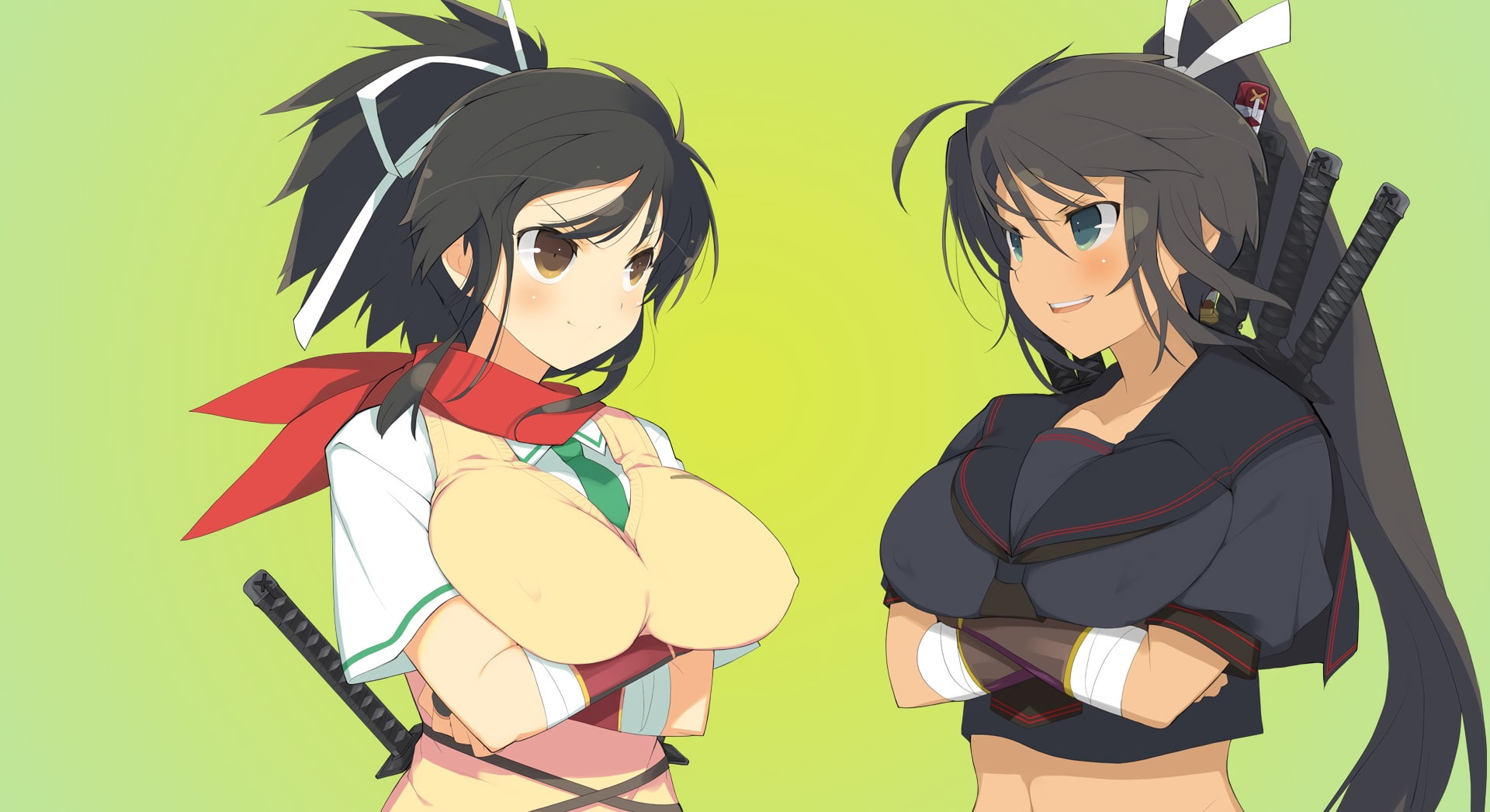 seifuku, konachan, nipples, sword, gradient, 2girls, hair, eyes, 1080P, brown, kagura, long, 253791, ribbons, com, erect, ponytail, green, weapon, hold, HD Wallpaper