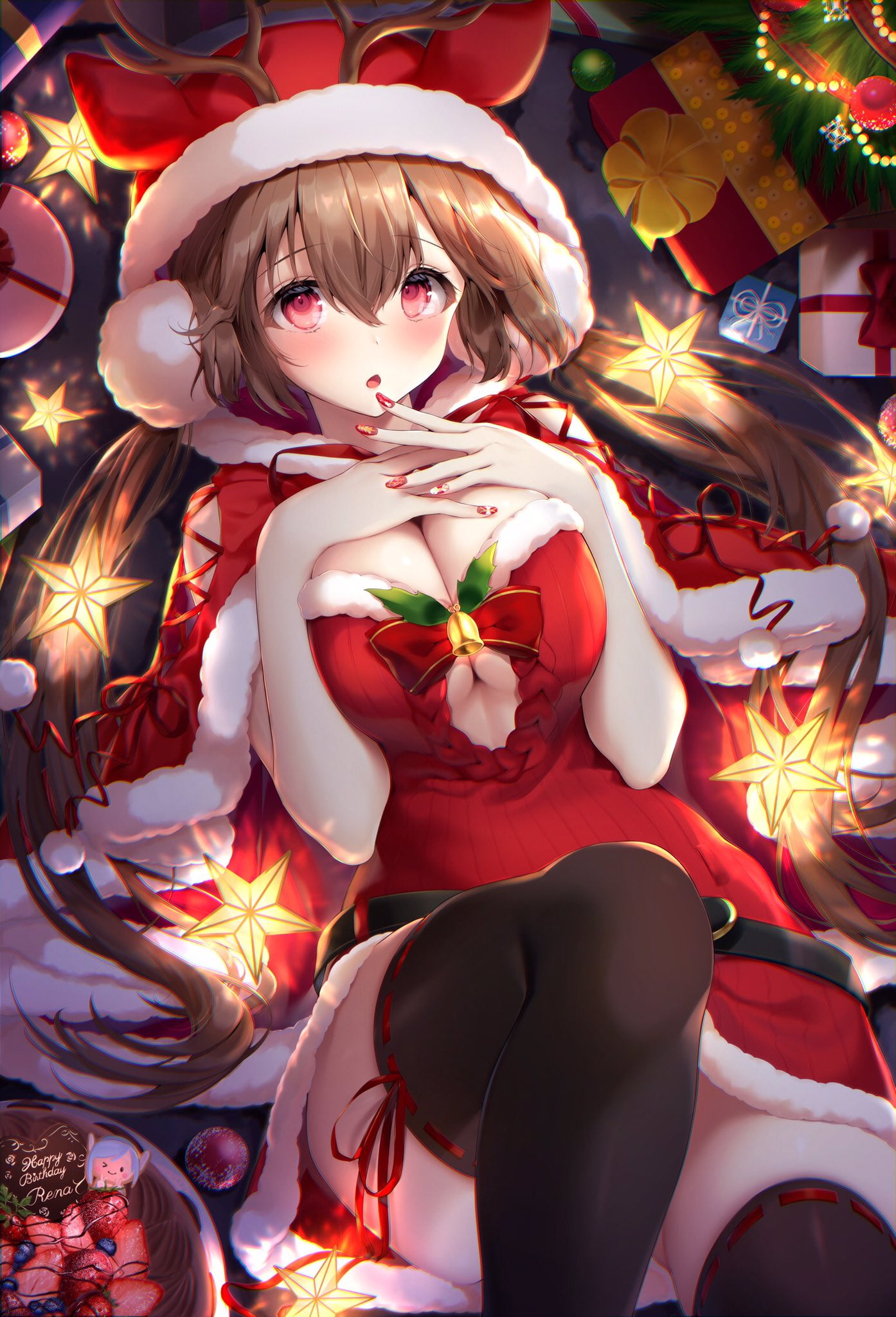 original characters, anime girls, breast hold, Jiiwara, Santa costume, thigh-highs, Christmas, 1080P, Phone HD Wallpaper