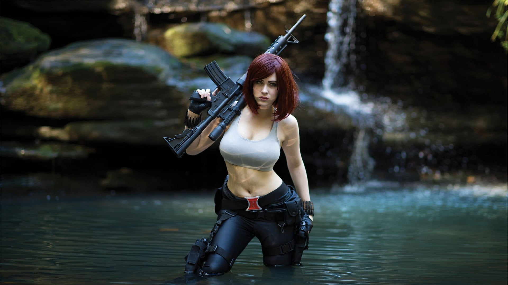 females, toy Soldier, gun, fashion, musician, model, rifle, outdoors, holding, beautiful woman, assault, river, waterfall, forest, girls with guns, water, HD Wallpaper