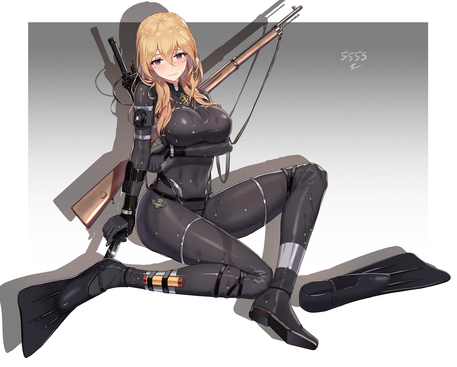 purple eyes, weapon, skin-tight, breast hold, blonde, long hair, gun, 720P, wet, HD Wallpaper
