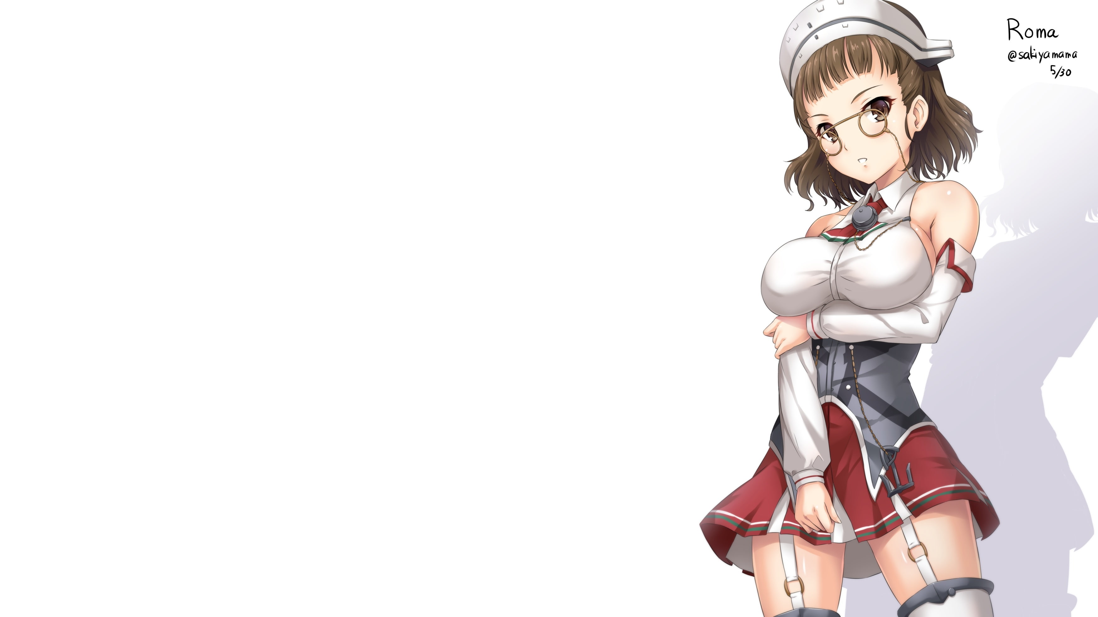 com, eyes, konachan, glasses, 2K, thighhighs, signed, short, headband, hair, hold, 240081, white, stockings, sakiyamama, breasts, garter, brown, uniform, HD Wallpaper