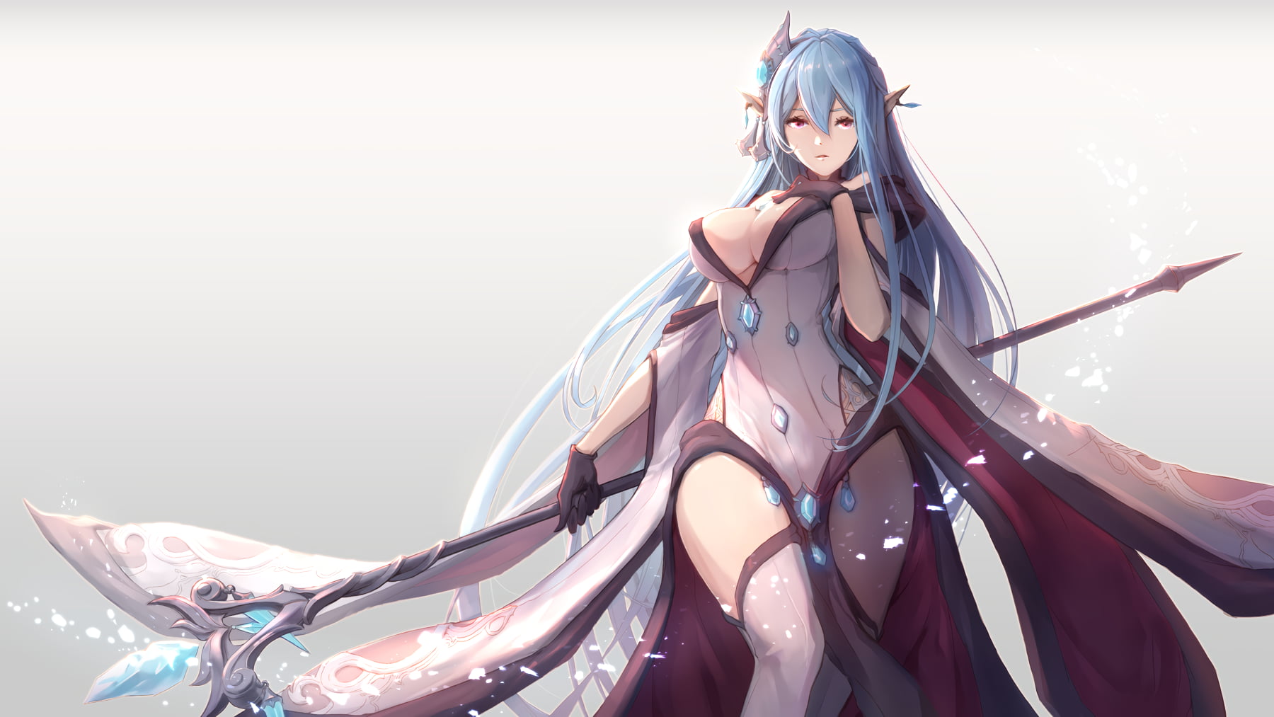 staff, aqua hair, thighs, long hair, purple eyes, dress, 720P, cleavage, breast hold, gloves, bathory (exos heroes), HD Wallpaper