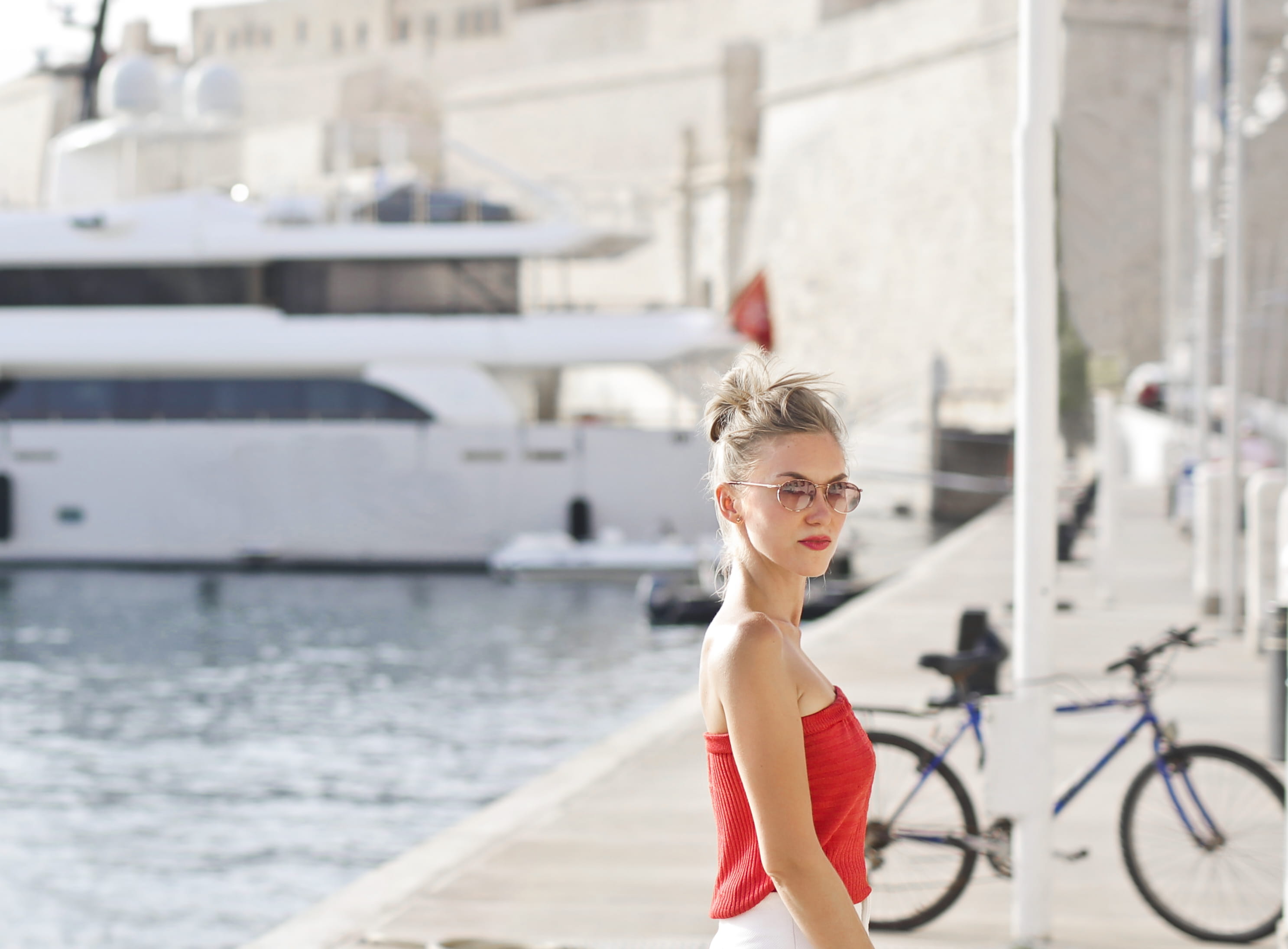 blond hair, steel, girl, young women, beside, person, harbor, pole, sunglasses, pier, day, woman, sea, transportation system, transportation, hair, pretty, HD Wallpaper