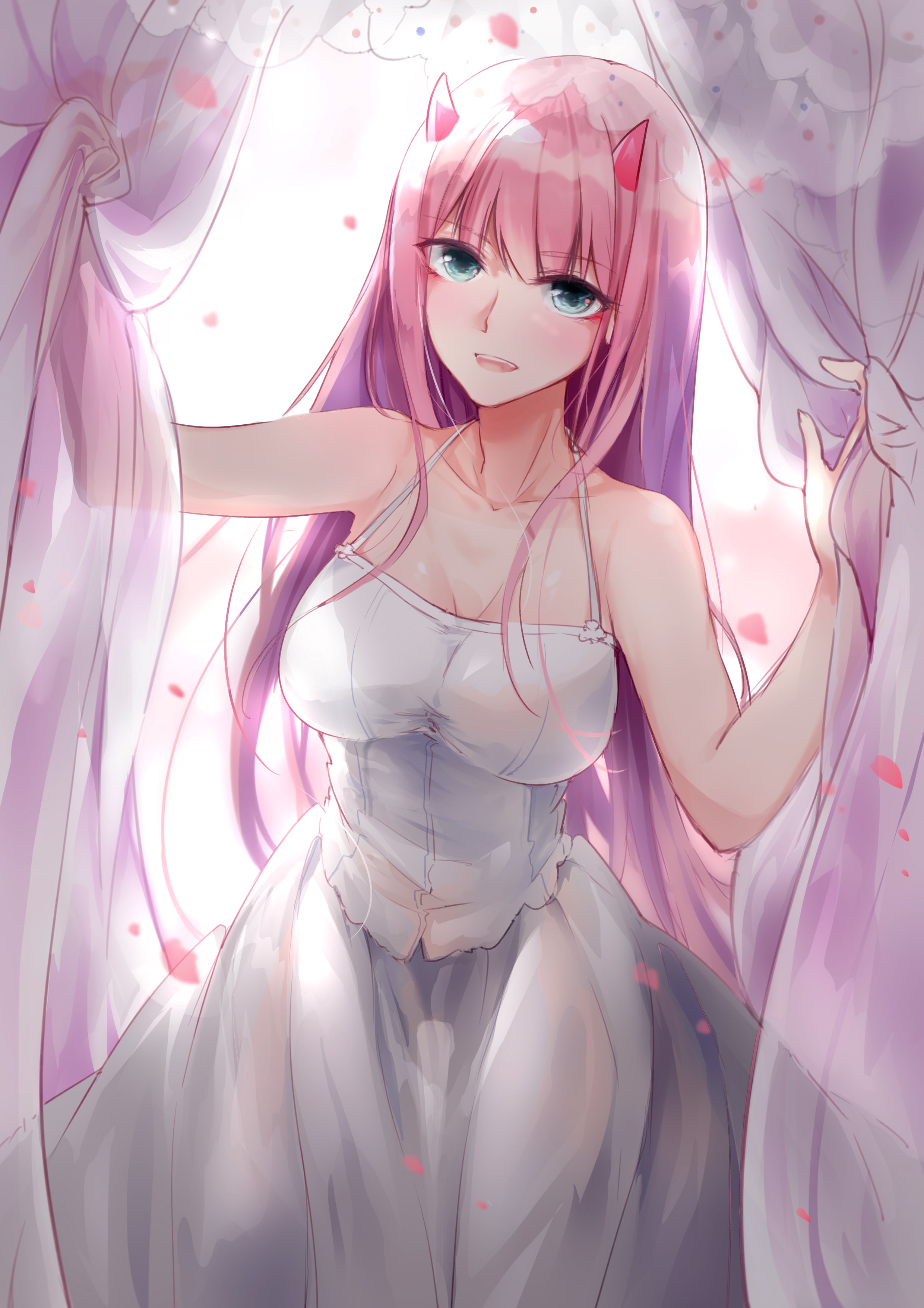 looking at viewer, wedding dress, pink hair, horns, Zero Two (Darling in the FranXX), blush, 2K, green eyes, anime girls, Darling in the FranXX, long hair, Phone HD Wallpaper