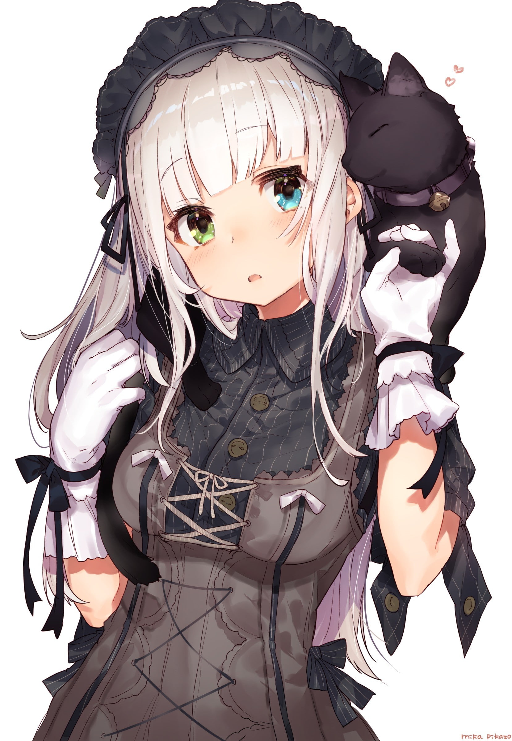 1080P, anime girls, heterochromia, cat, long hair, anime, gray hair, Phone HD Wallpaper