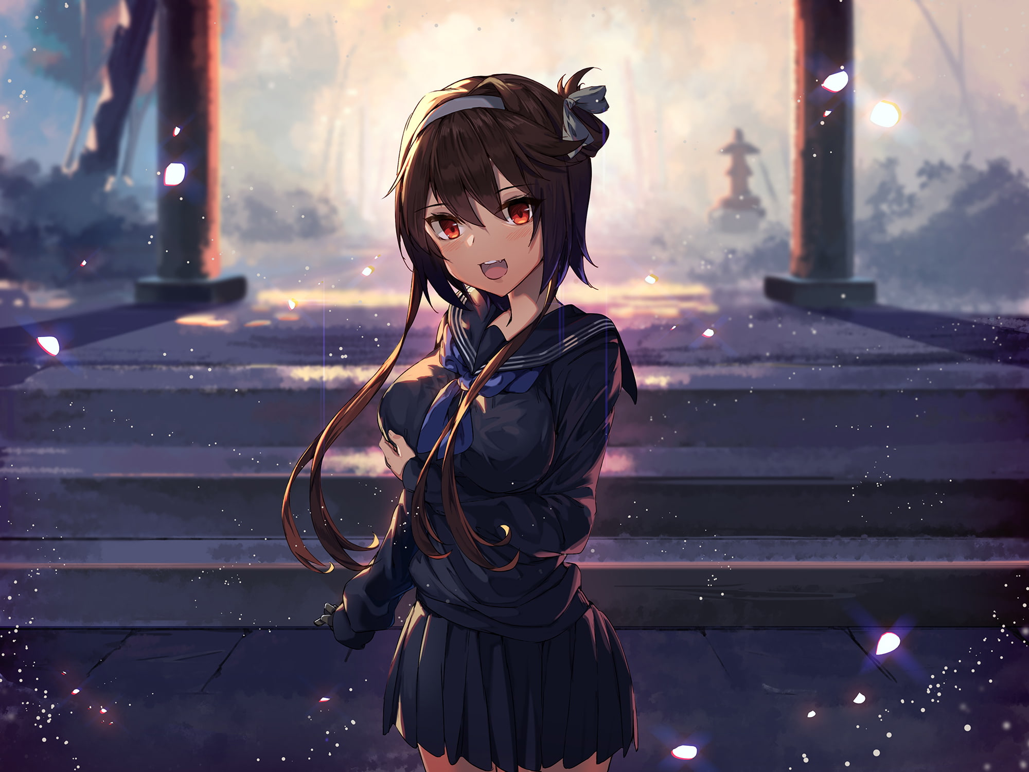 petals, ginon, torii, konachan, stairs, 1080P, hold, eyes, frontline, girls, seifuku, hair, red, (sjyh3466), com, 260119, skirt, short, brown, anthropomorphism, HD Wallpaper