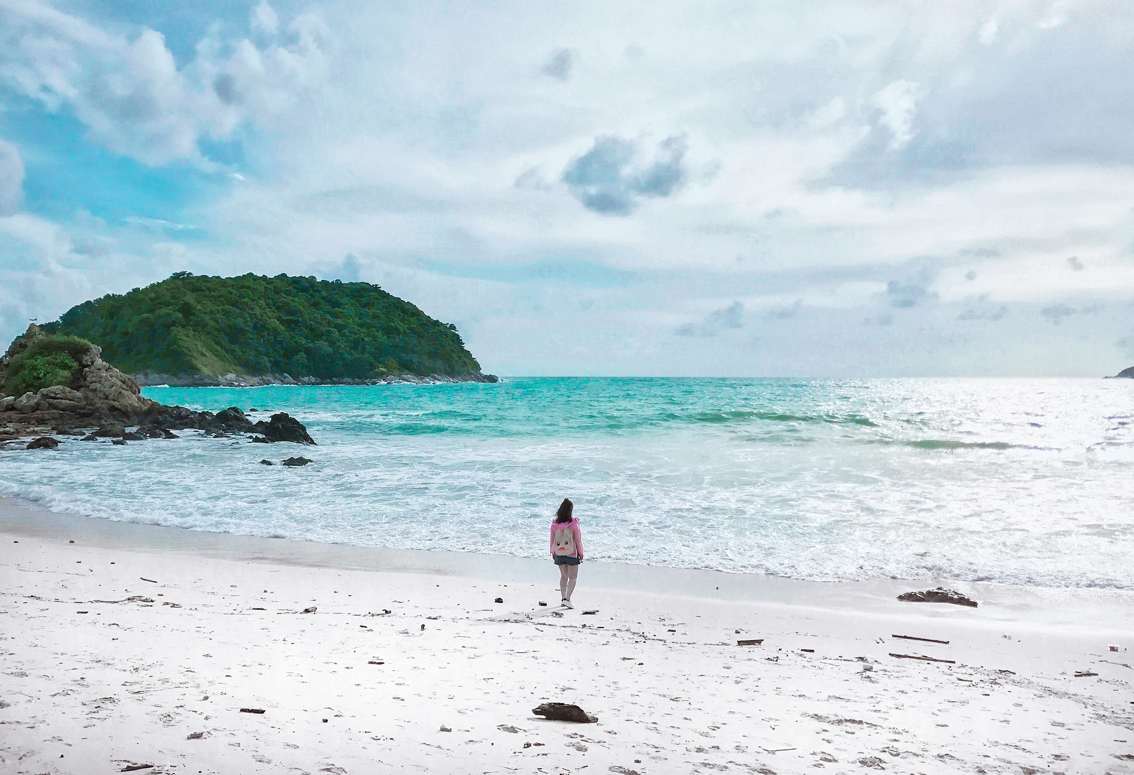 outdoors, scenics - nature, phuket, holiday, tranquility, island, water, stones, blue, trip, sky, mood, 4K, white, sea, girl, full length, horizon over water, HD Wallpaper