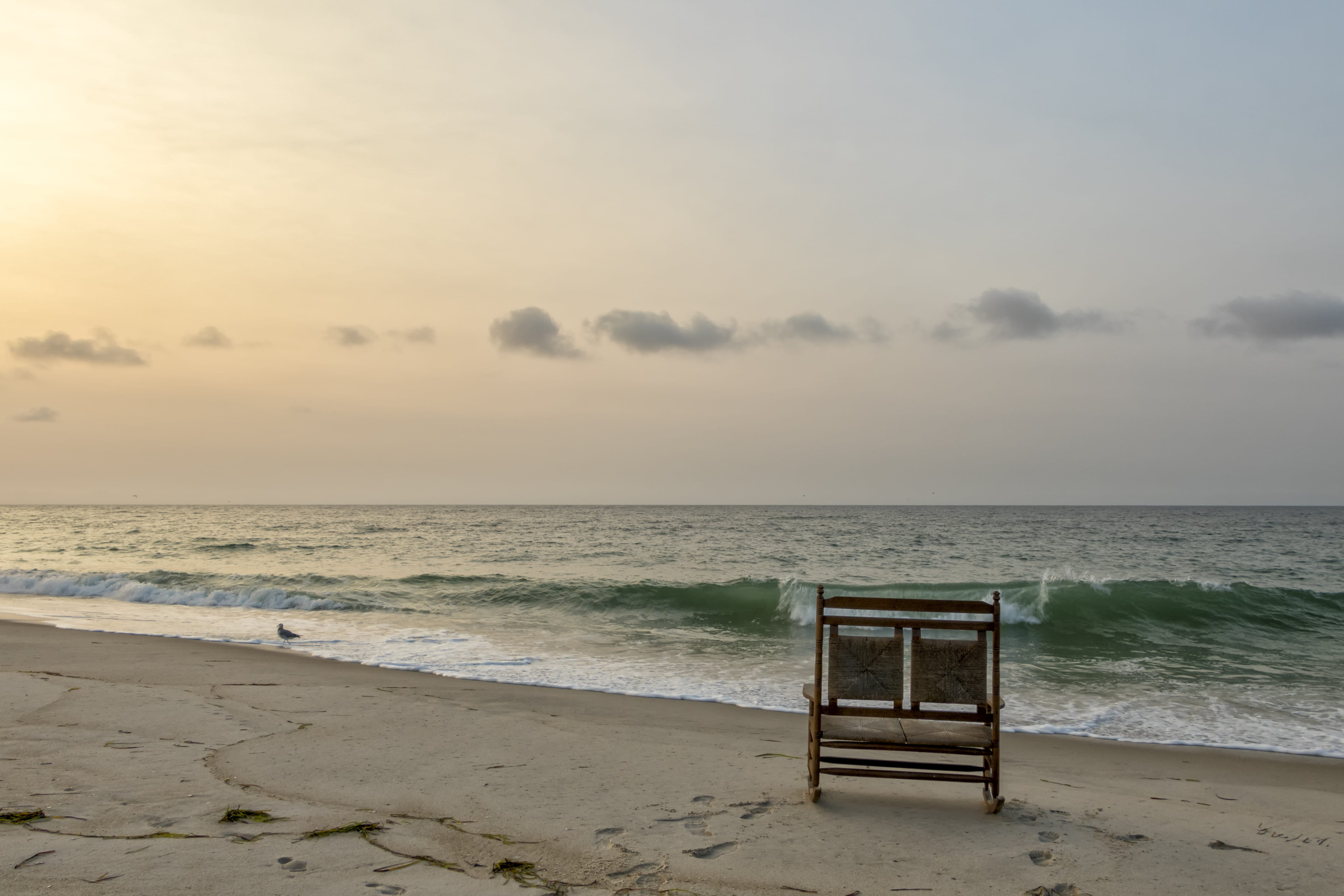 land, scenics - nature, beauty in nature, wood - material, chair, sea, love, crashing, waves, tranquility, no people, horizon, clean, beach, 5K, sand, HD Wallpaper