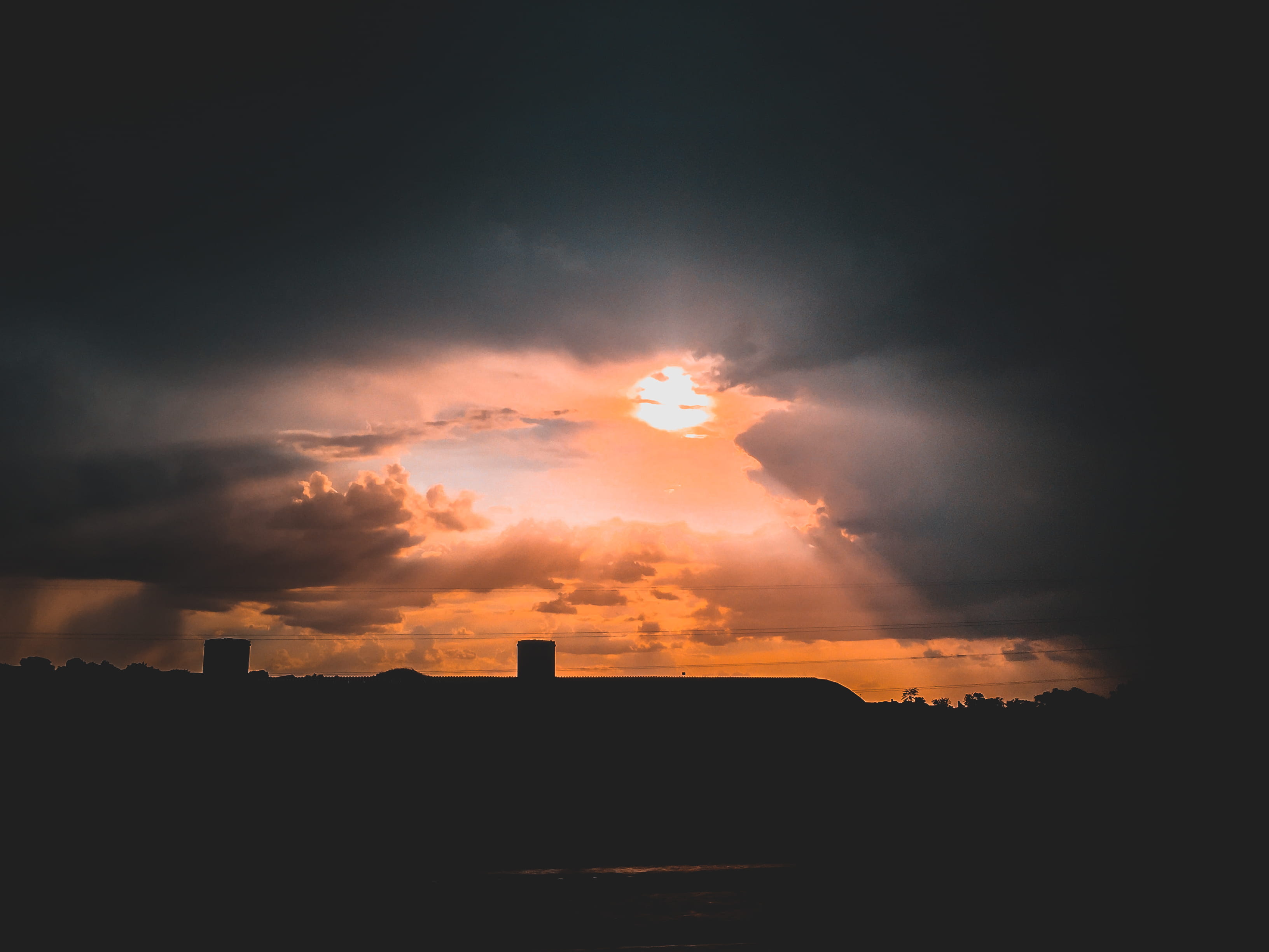 sky, building exterior, architecture, dark, outdoors, orange color, cloud - sky, brazil, dramatic sky, 2K, parque via norte, r. antônio arnaldo albergária pereira, HD Wallpaper