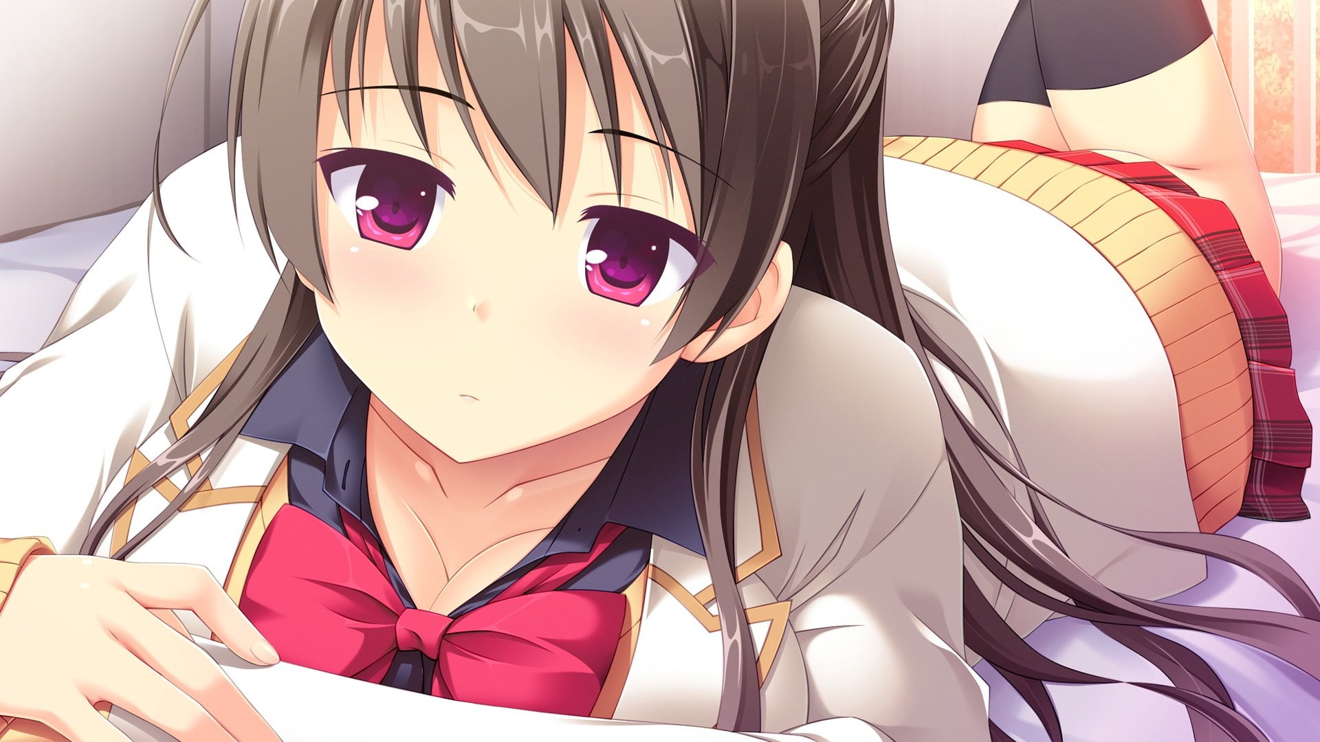 ichijou, aoi, cleavage, hair, moment, breasts, melty, brown, 1080P, purple, takayaki, eyes, seifuku, game, hook, skirt, long, HD Wallpaper