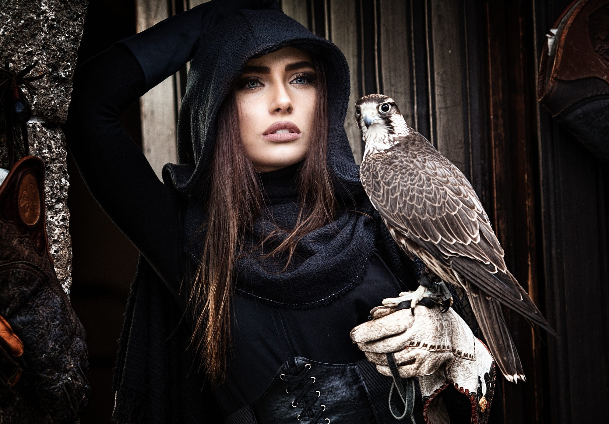 animals, portrait, open mouth, gloves, black clothing, looking into the distance, fantasy girl, women, hoods, birds, cosplay, 1080P, juicy lips, HD Wallpaper
