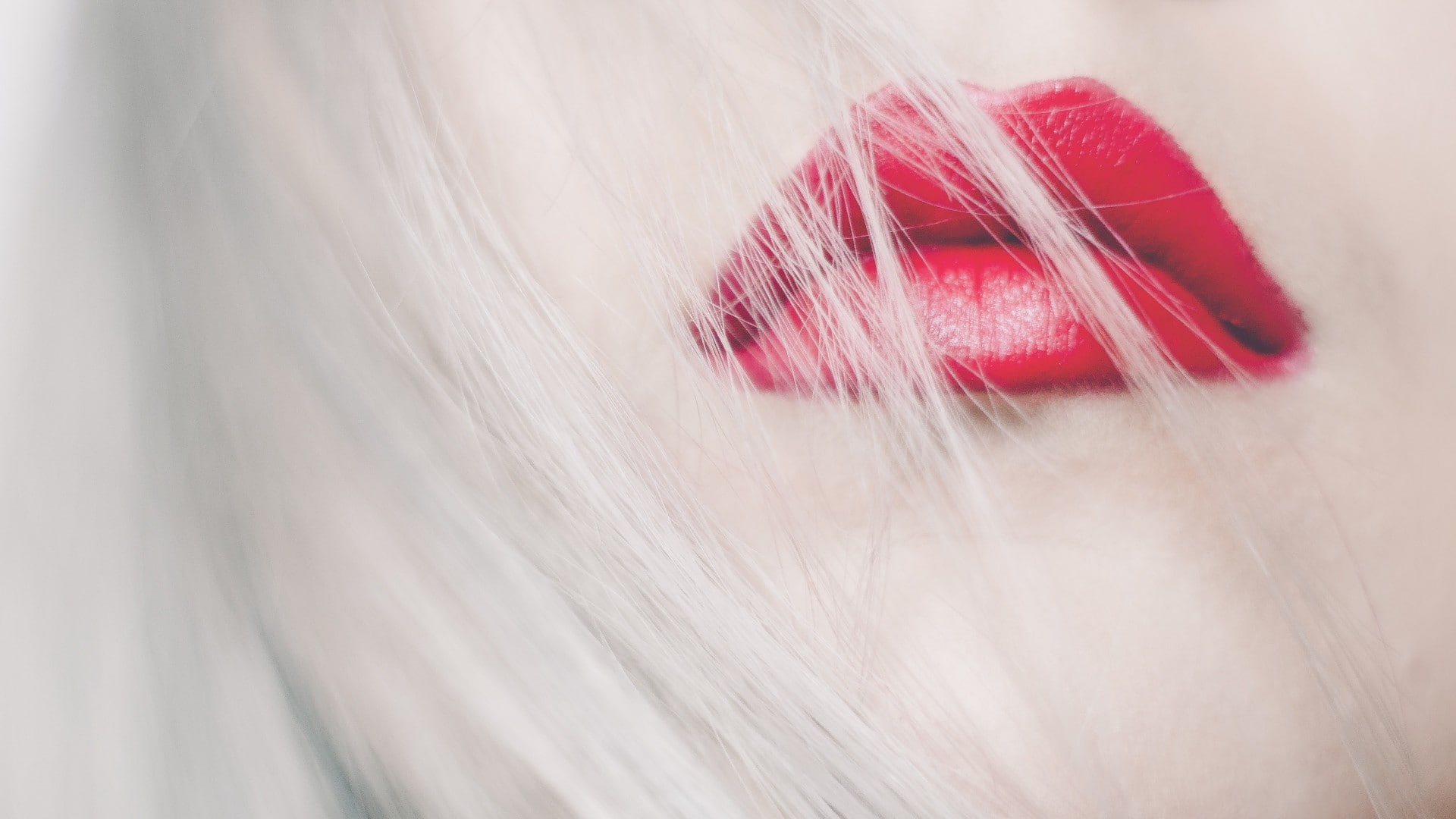 lips, red lipstick, closeup, gloss, hair in face, long hair, pale, blonde, women, model, face, 1080P, HD Wallpaper