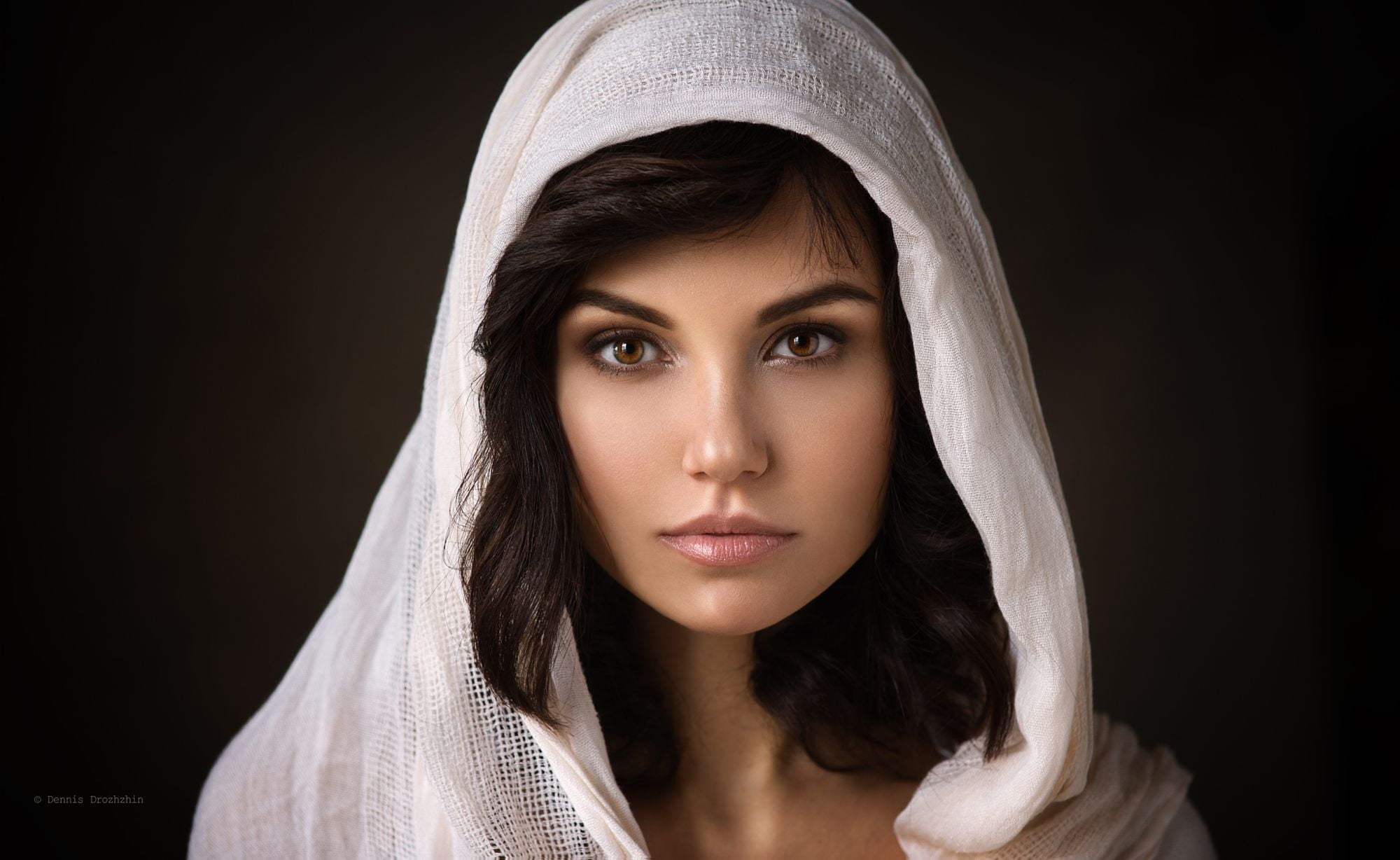 women, wavy hair, simple background, make up, Dennis Drozhzhin, brunette, portrait, looking at viewer, brown eyes, 1080P, lip gloss, hood, HD Wallpaper