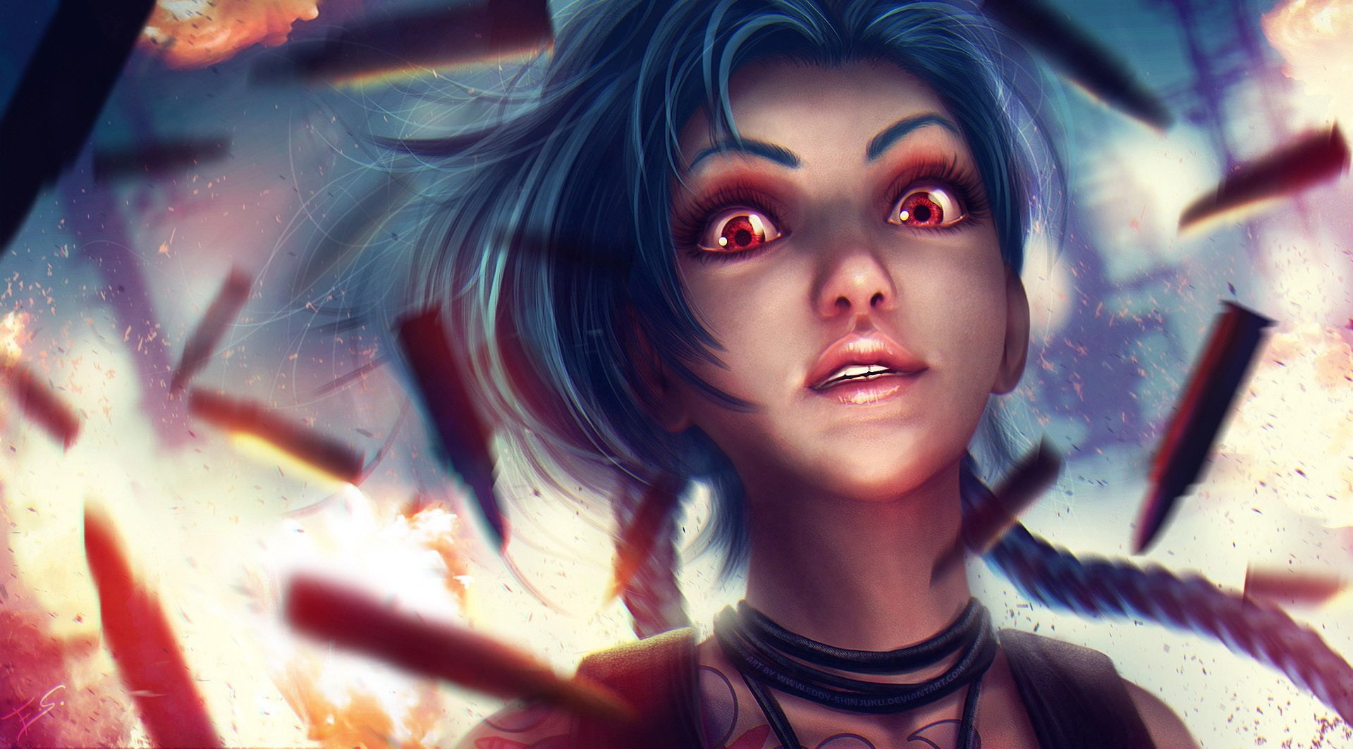 jinx, shinjuku, long, league, legends, watermark, hair, 720P, eyes, jpeg, braids, signed, thedurrrrian, artifacts, red, blue, eddy, HD Wallpaper