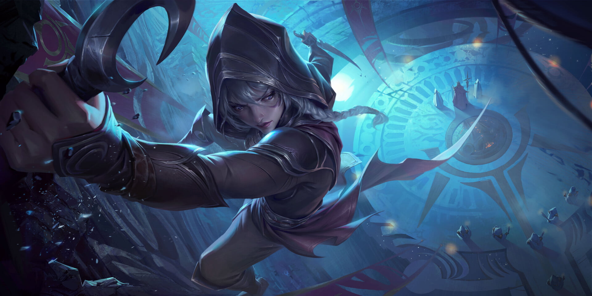 shadow, dagger, video game art, drawing, rings, silver hair, weapon, 1080P, Legends of Runeterra, Eunice Ye, braids, Rogue, hoods, HD Wallpaper