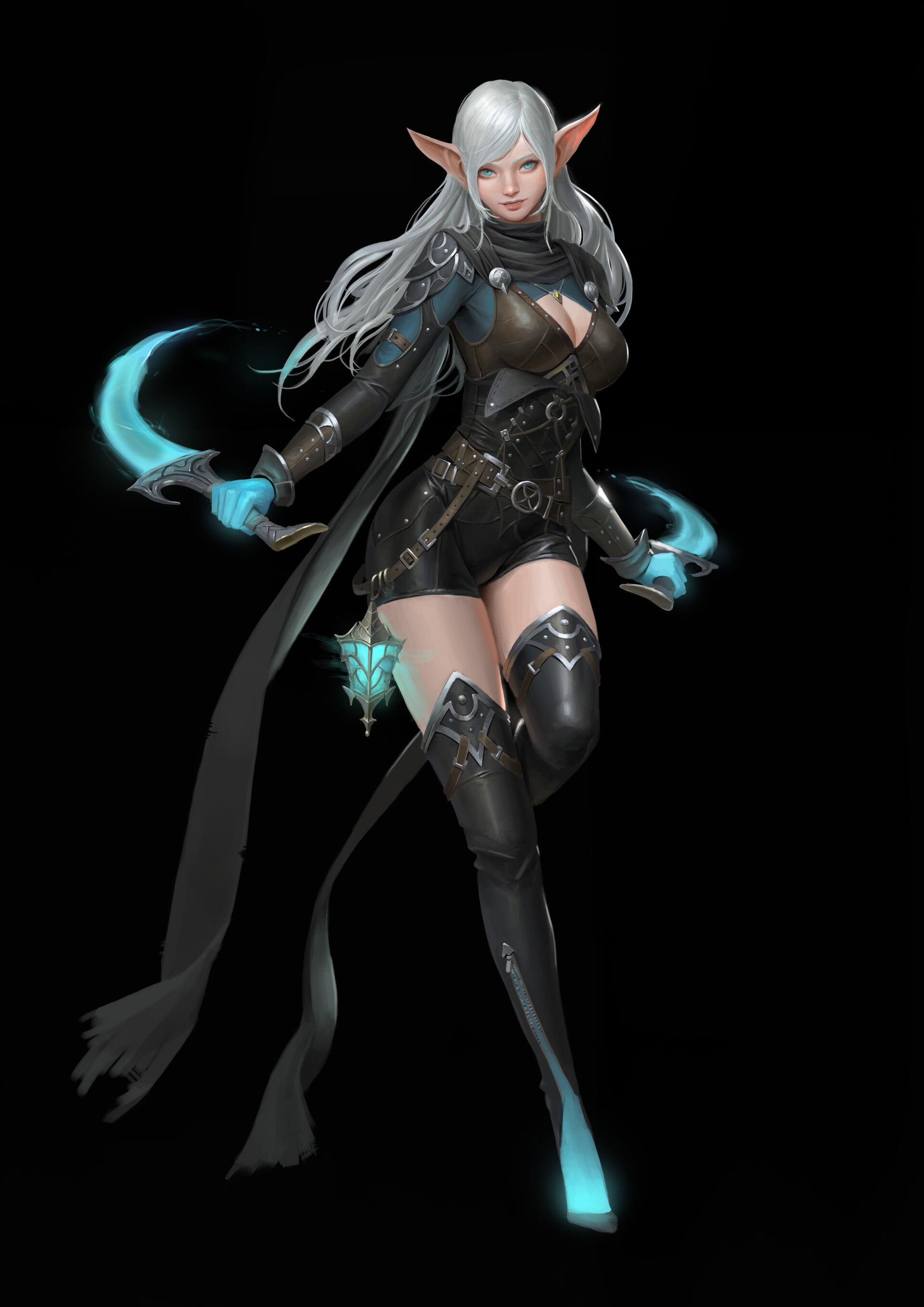 long hair, thigh-highs, drawing, blue eyes, elves, weapon, dagger, black background, armor, silver hair, 2K, Hyunjoon Kim, women, simple background, glowing, Phone HD Wallpaper