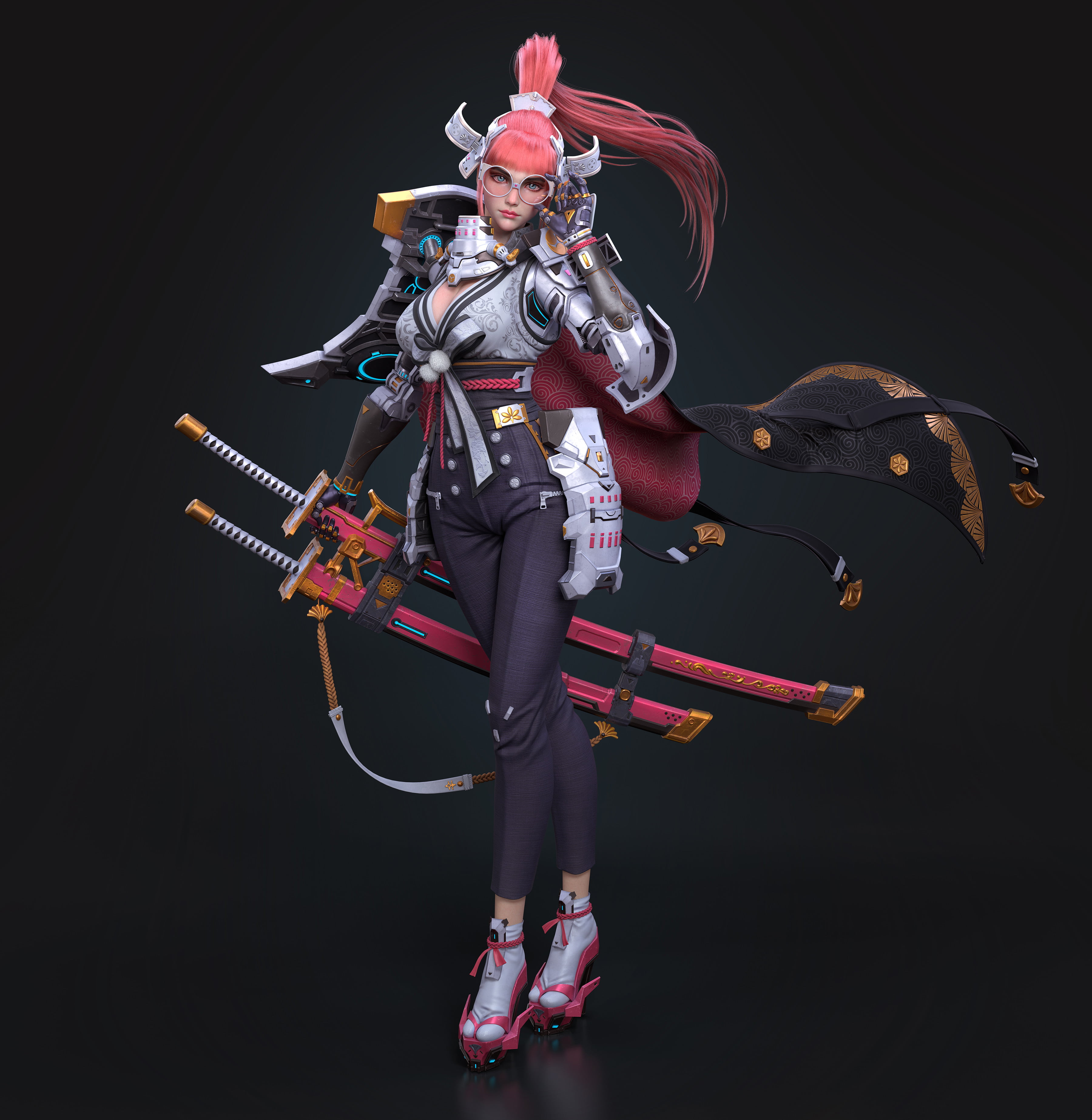 bodysuit, glasses, katana, wind, cape, CGI, blue eyes, 2K, armor, Cifangyi, pink, weapon, ponytail, pink hair, women, long hair, Phone HD Wallpaper