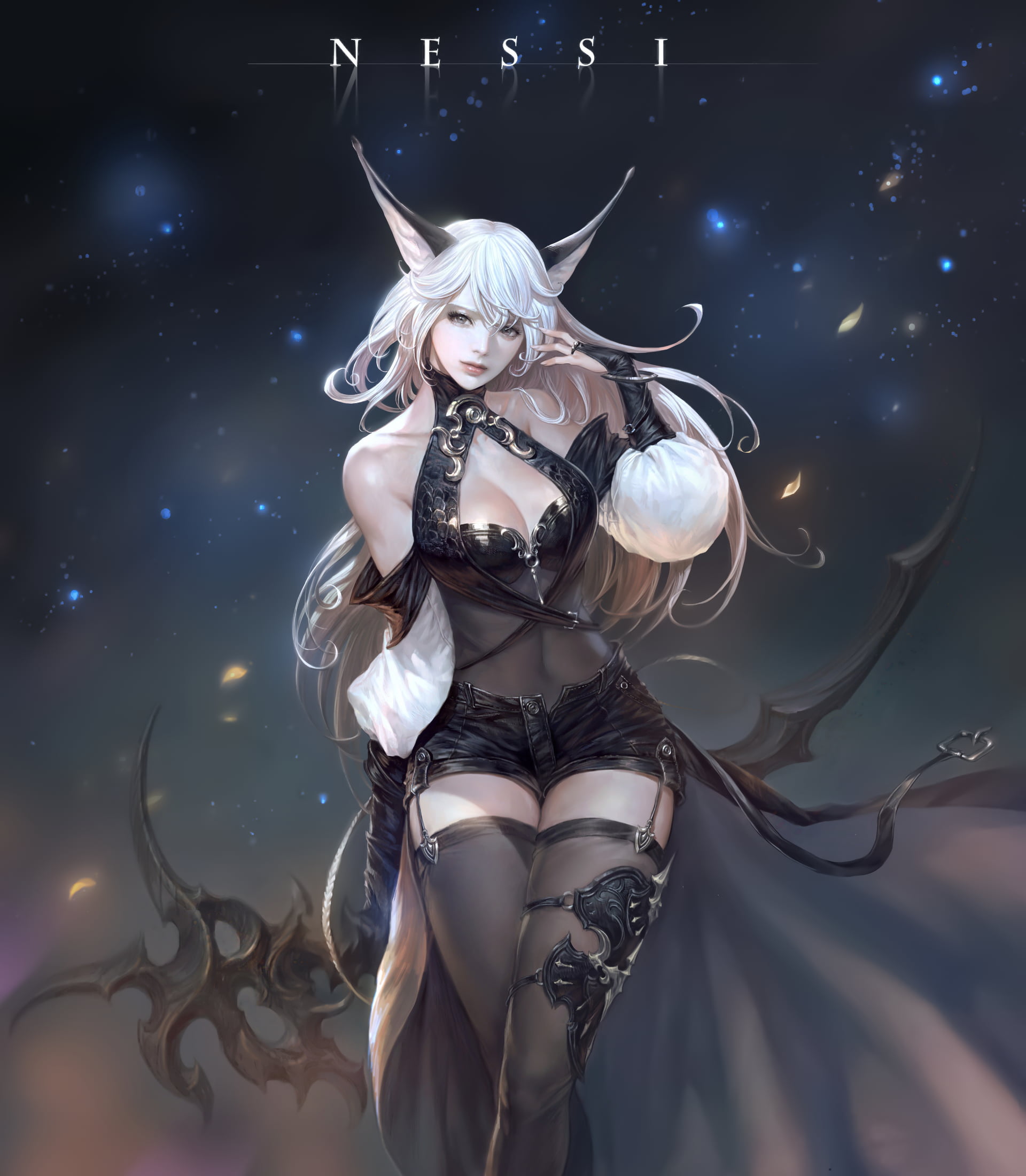 black clothing, weapon, animal ears, looking at viewer, Nessi, stars, women, drawing, silver hair, long hair, 1080P, dress, Phone HD Wallpaper