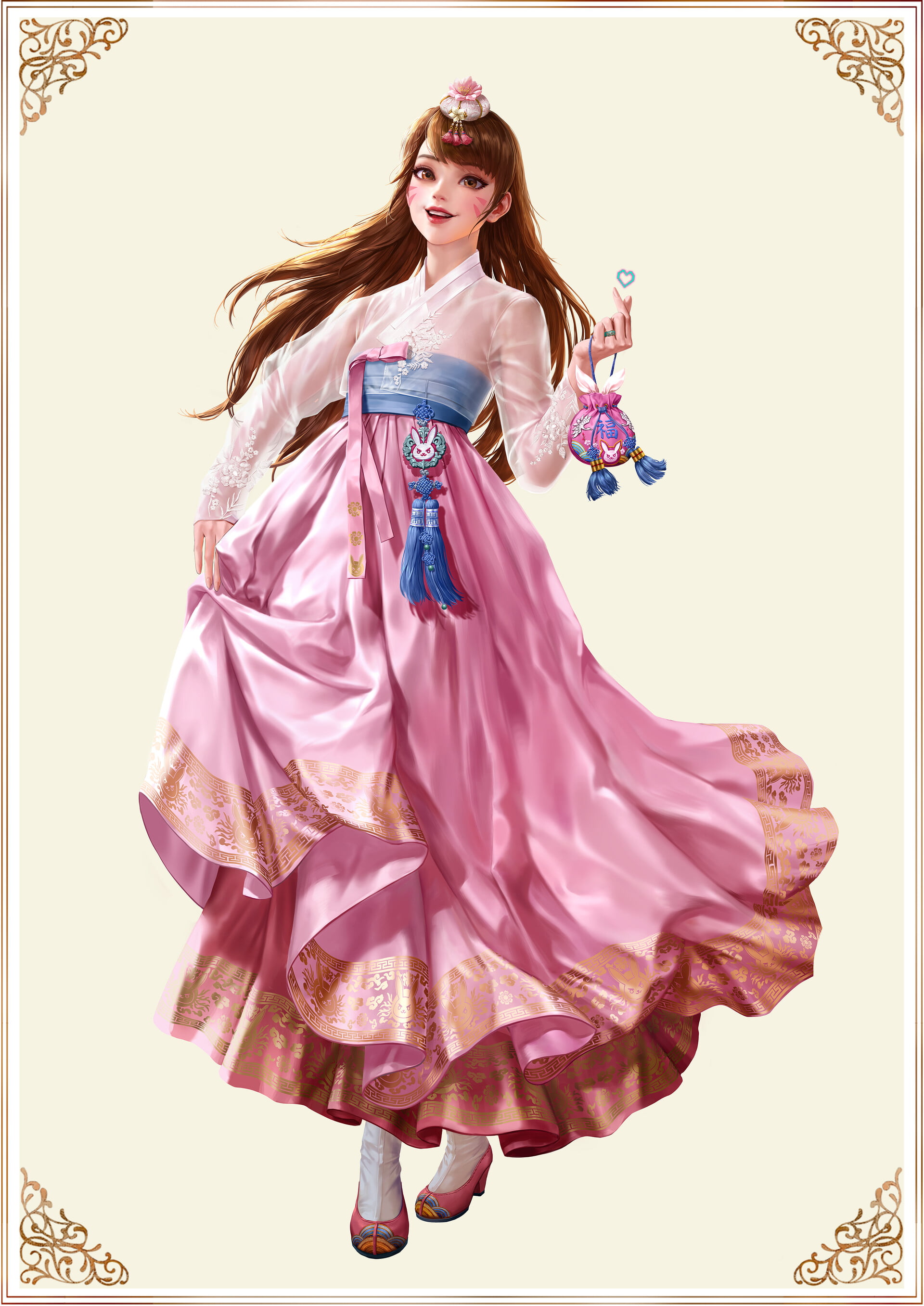 D.Va (Overwatch), brunette, Overwatch, Heart (Design), smiling, long hair, Jungmin Jin, pink clothing, women, 2K, face paint, drawing, frame, hair accessories, Phone HD Wallpaper