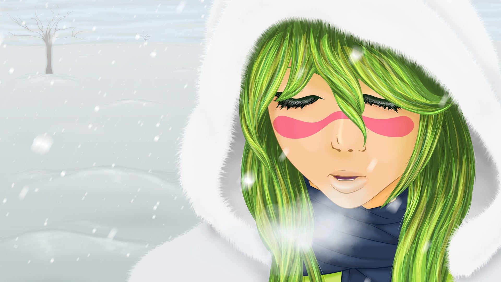 fashion, Nelliel Tu Odelschwanck, indoors, portrait, green hair, closed eyes, hoods, Bleach, snow, day, representation, anime, lifestyles, nature, women, HD Wallpaper