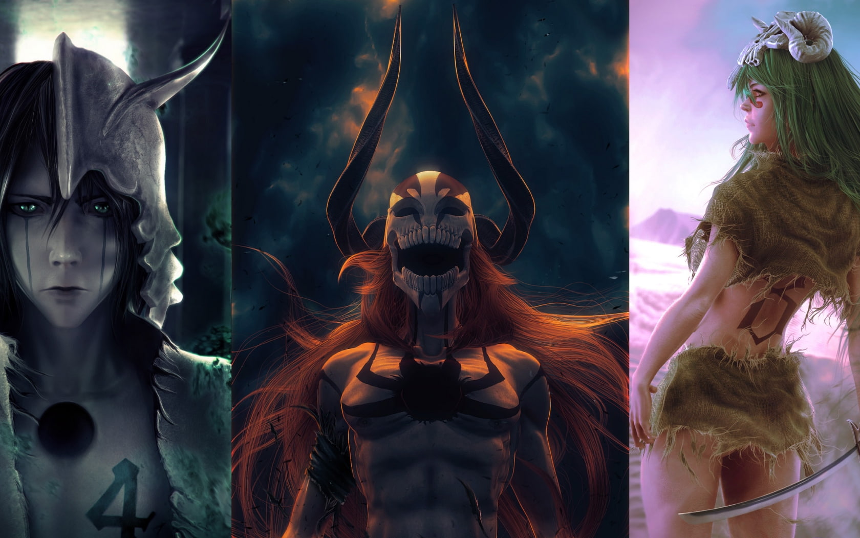 anime, Bleach, green eyes, anime boys, 720P, skull, collage, anime girls, green hair, HD Wallpaper
