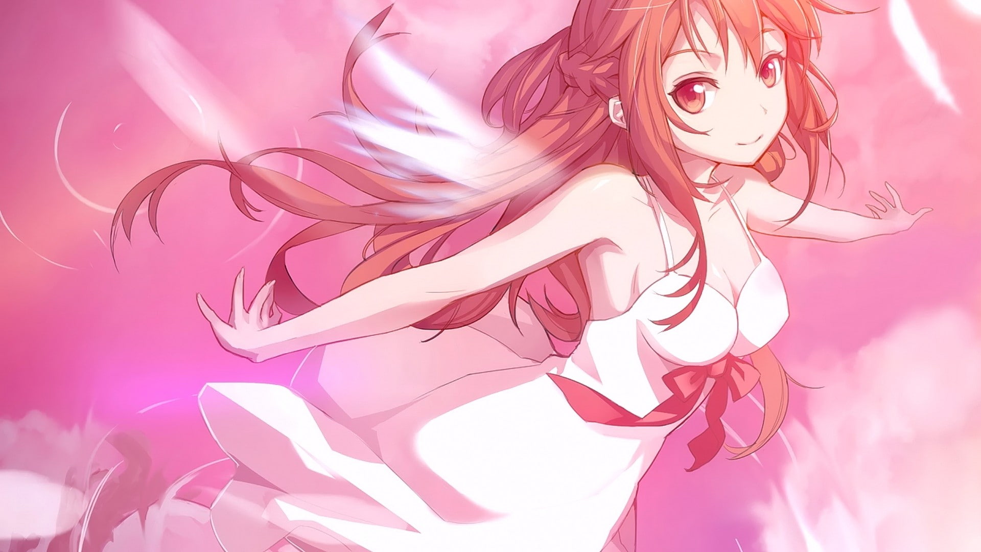 long hair, anime, 1080P, smiling, anime girls, pink eyes, eyes, pink hair, HD Wallpaper