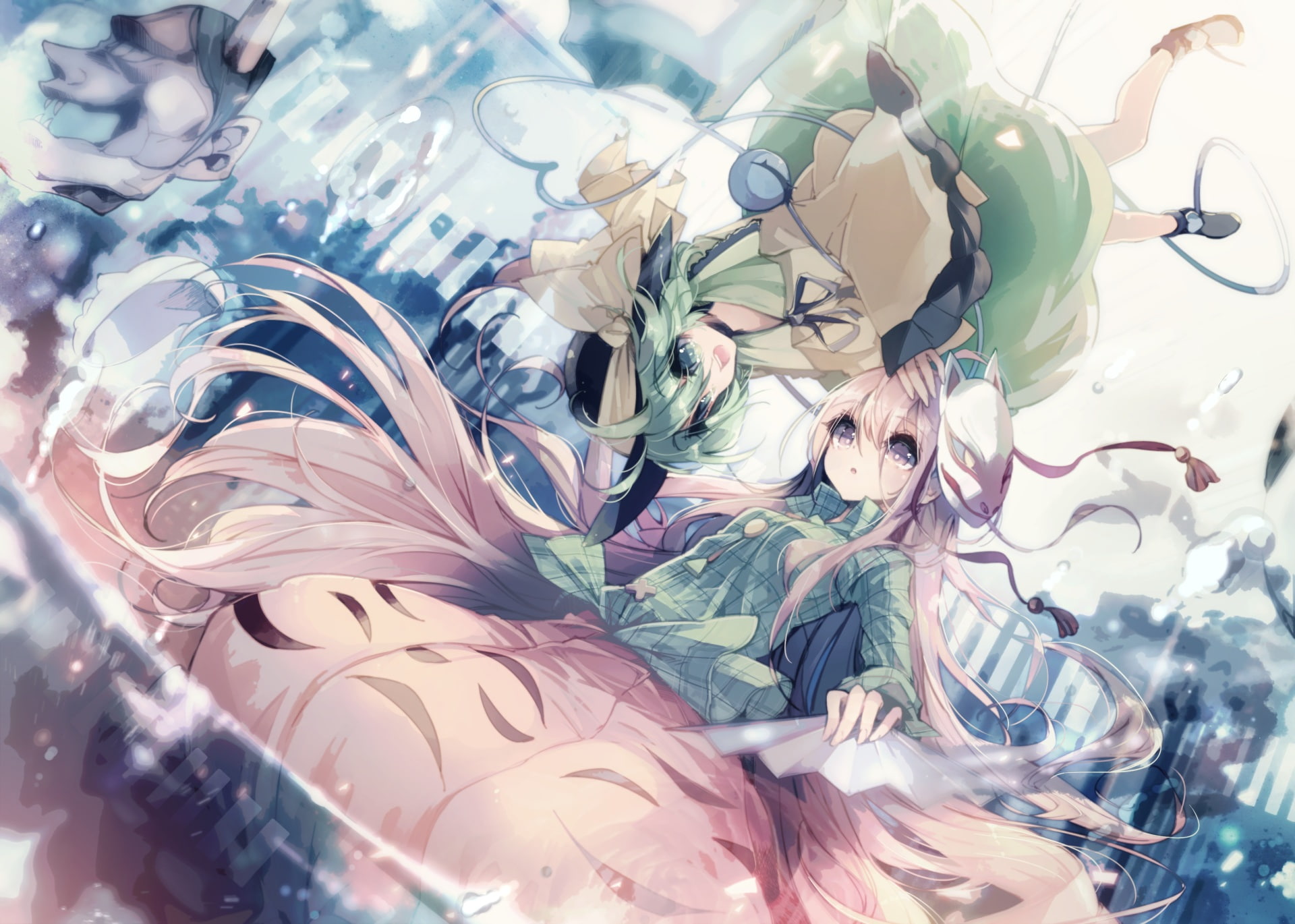 mask, kokoro, 1080P, hair, komeiji, girls, teco, long, hata, eyes, touhou, green, pink, koishi, HD Wallpaper