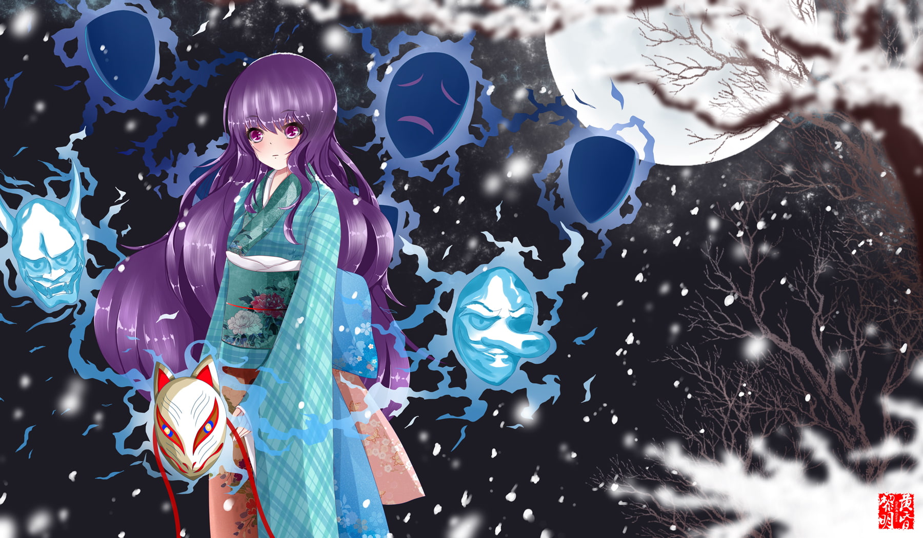 purple, snow, touhou, clothes, night, hair, 720P, tree, kokoro, moon, hata, japanese, dawn, dusk, kimono, mask, eyes, HD Wallpaper