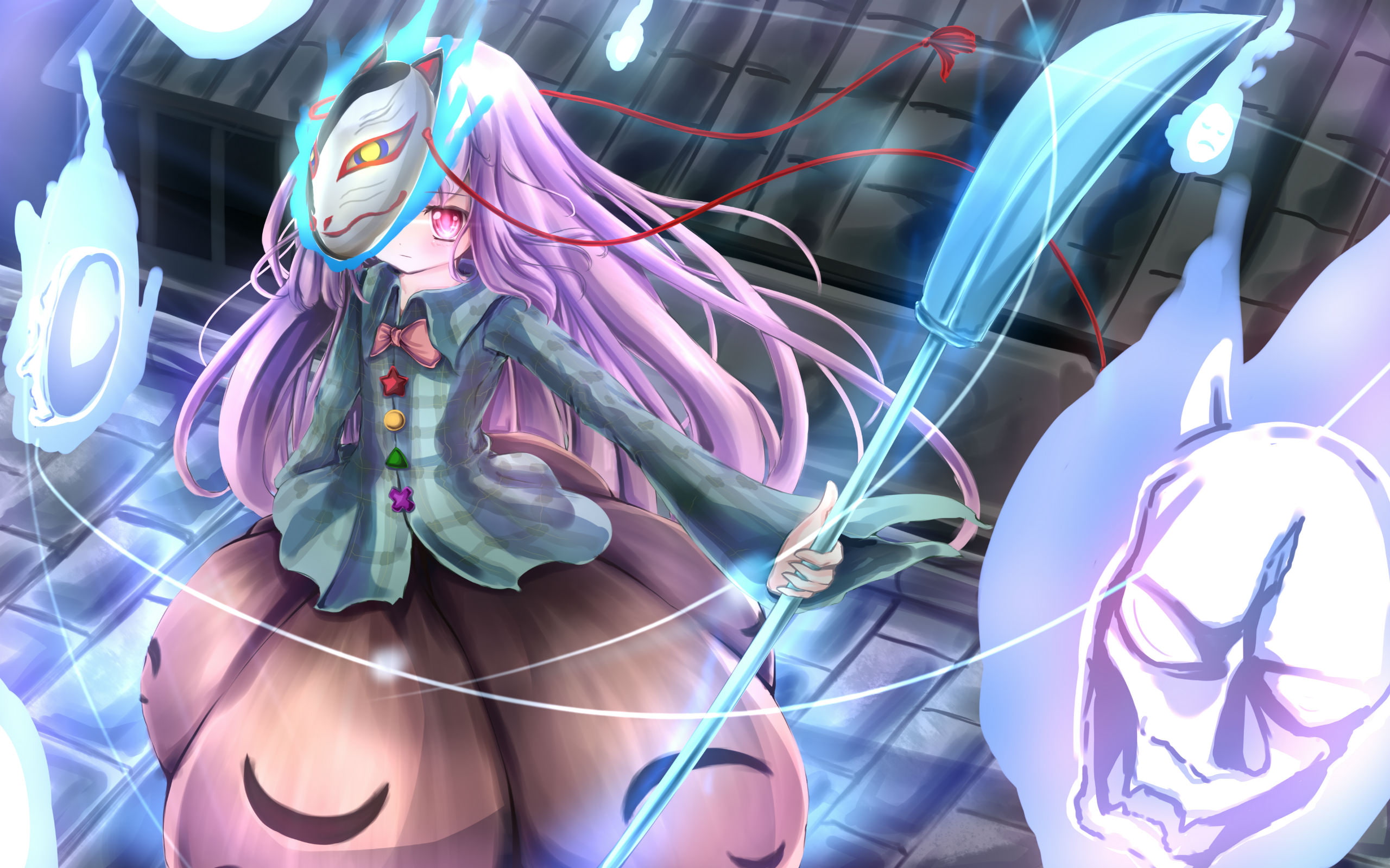 maoqiu, 2K, mask, hair, mianhua, kokoro, hata, touhou, pink, bow, skirt, weapon, eyes, spear, fire, HD Wallpaper