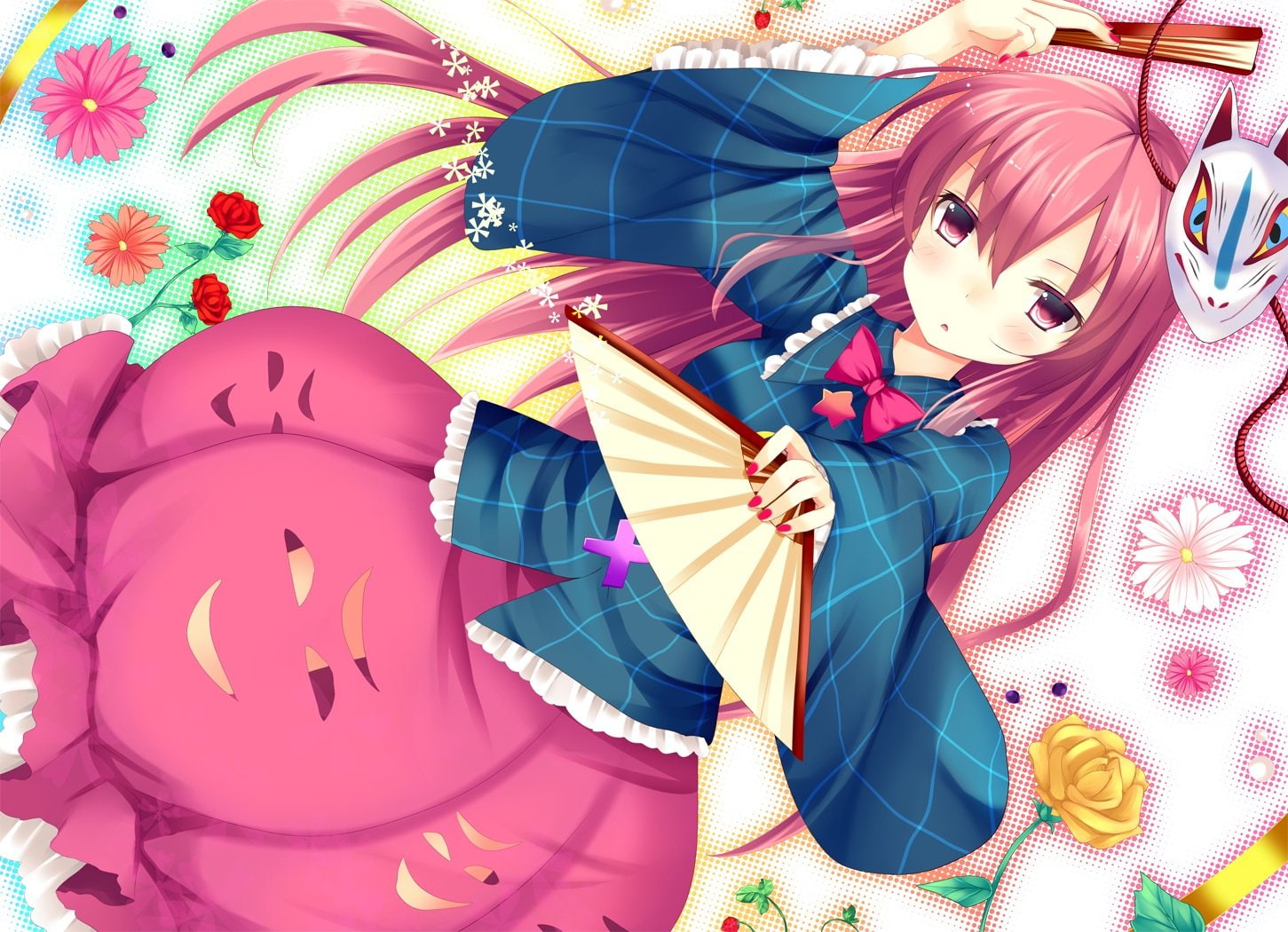 long, pink, 720P, bow, mask, fan, ajiriko, touhou, hata, kokoro, rose, eyes, flowers, hair, HD Wallpaper