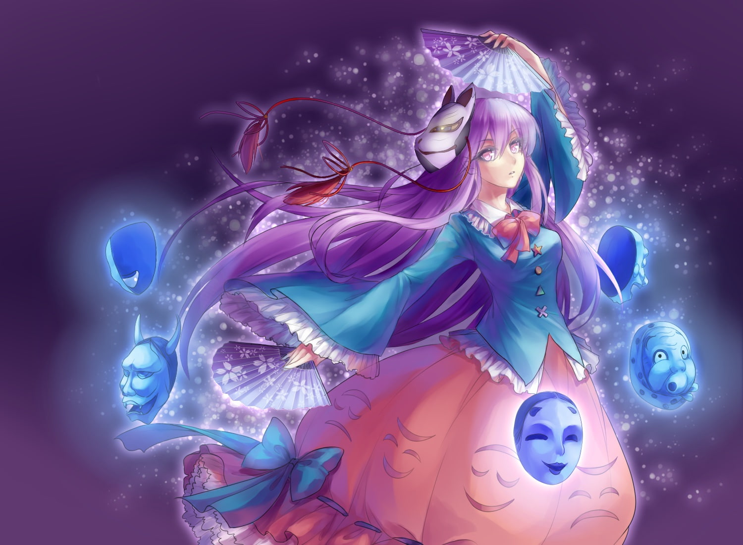 pink, skirt, bow, suigin, eyes, 720P, touhou, hata, fan, hair, kokoro, mask, HD Wallpaper