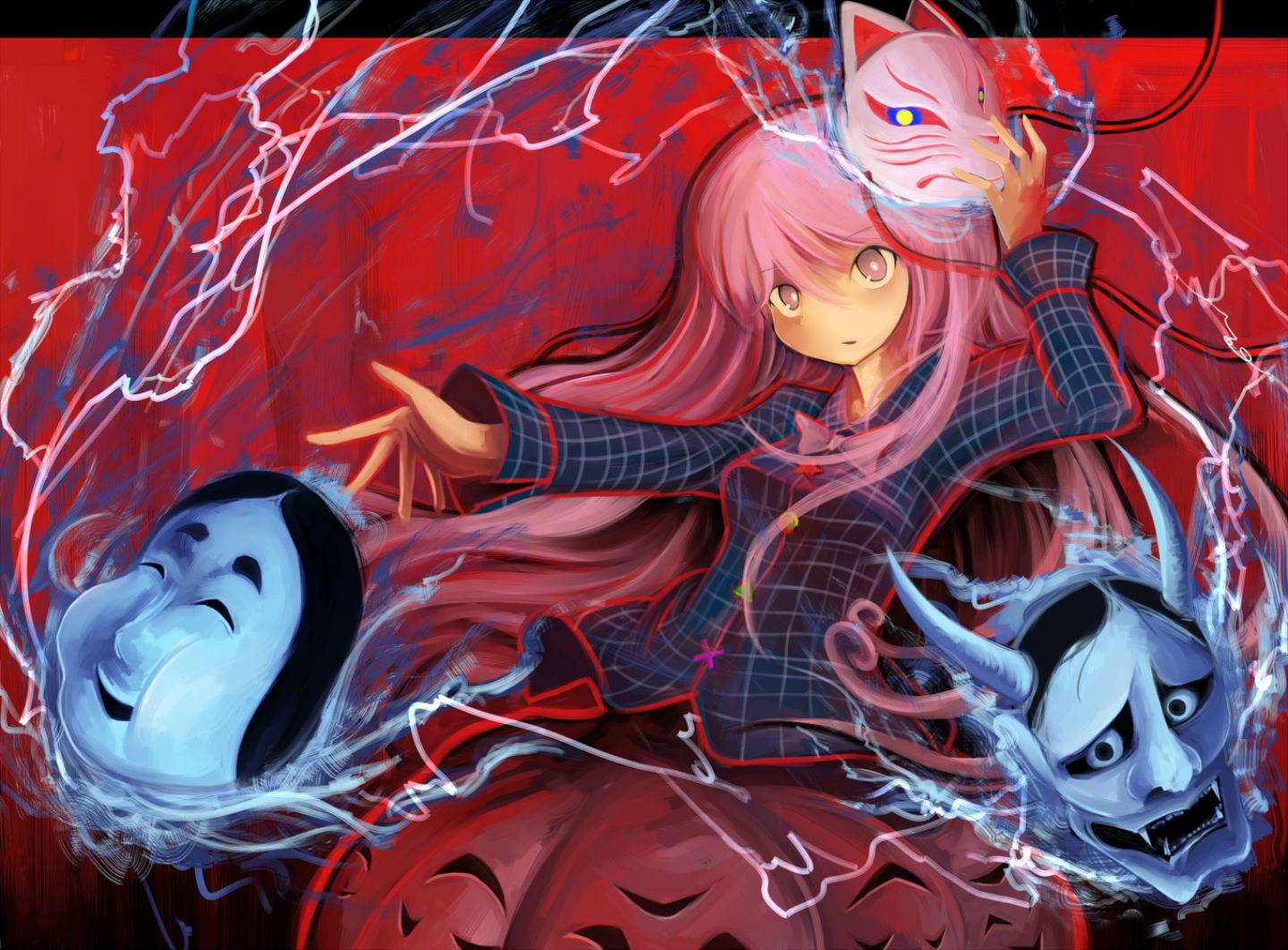 kokoro, sji09u, momen102, long, touhou, pink, skirt, shirt, bow, 720P, eyes, hair, hata, mask, red, stars, HD Wallpaper