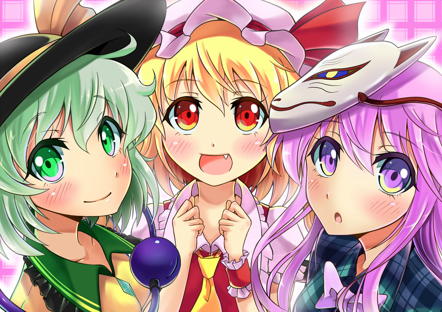 bow, mask, touhou, kokoro, purple, fang, rantan, kakao, red, eyes, long, hata, ponytail, hair, hat, blonde, green, 720P, HD Wallpaper
