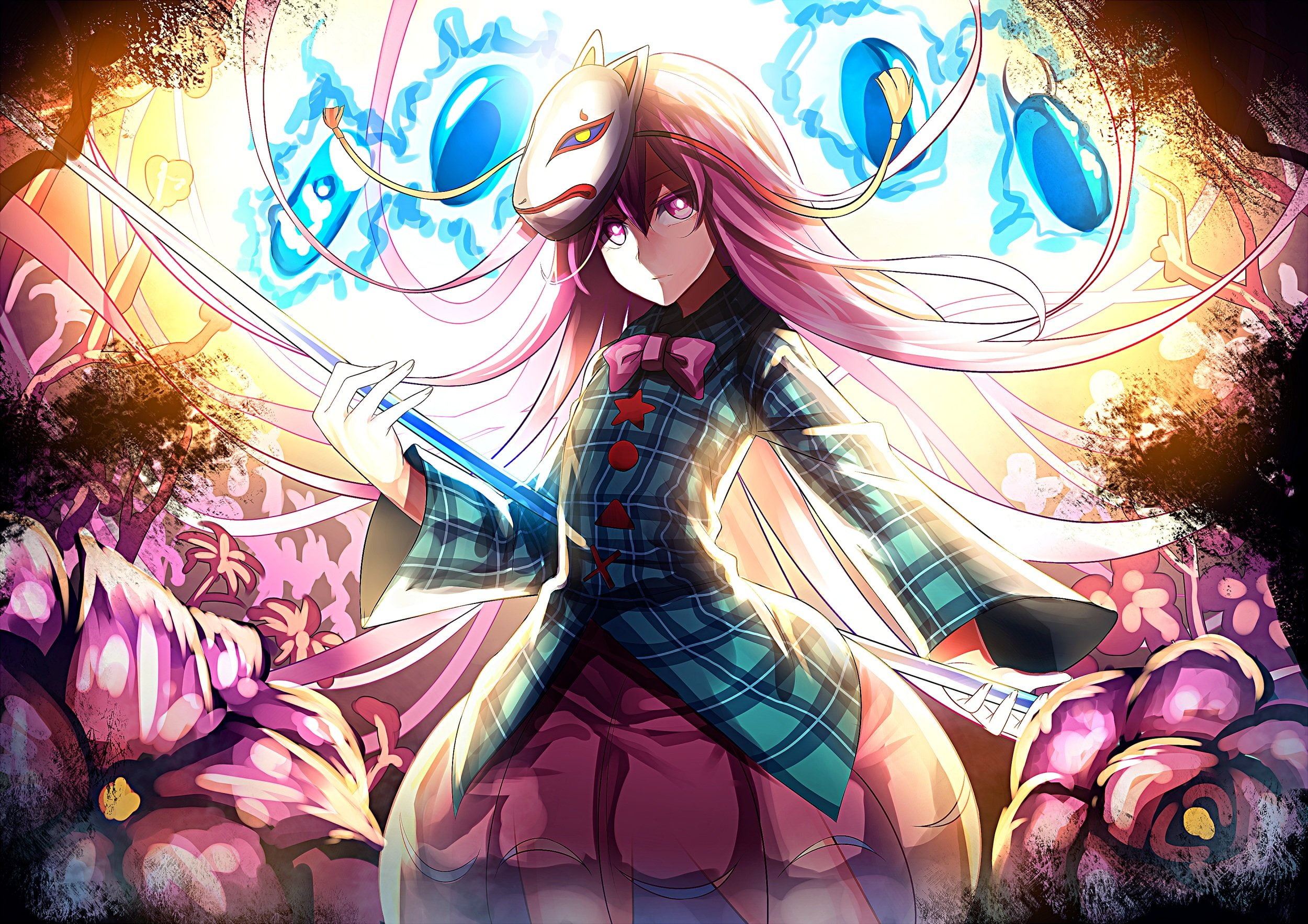 1080P, eyes, hata, long, hair, mask, kokoro, bow, pink, HD Wallpaper