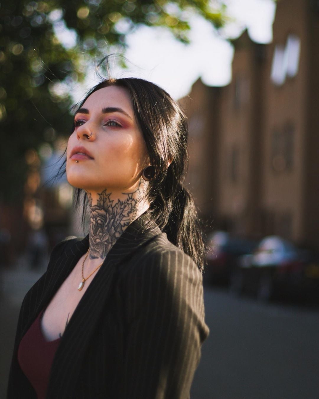 street, pierced nose, brunette, mascara, 720P, Stretched ears, long hair, dark hair, tattoo, women, car, bokeh, makeup, women outdoors, model, natural light, Phone HD Wallpaper