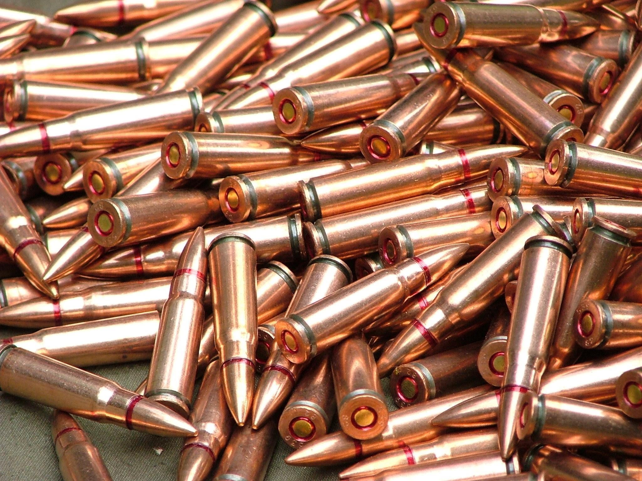 colored, aggression, high angle view, indoors, 1080P, heap, abundance, weapon, gun, bullet, silver colored, close-up, brass, full frame, bullets, violence, HD Wallpaper