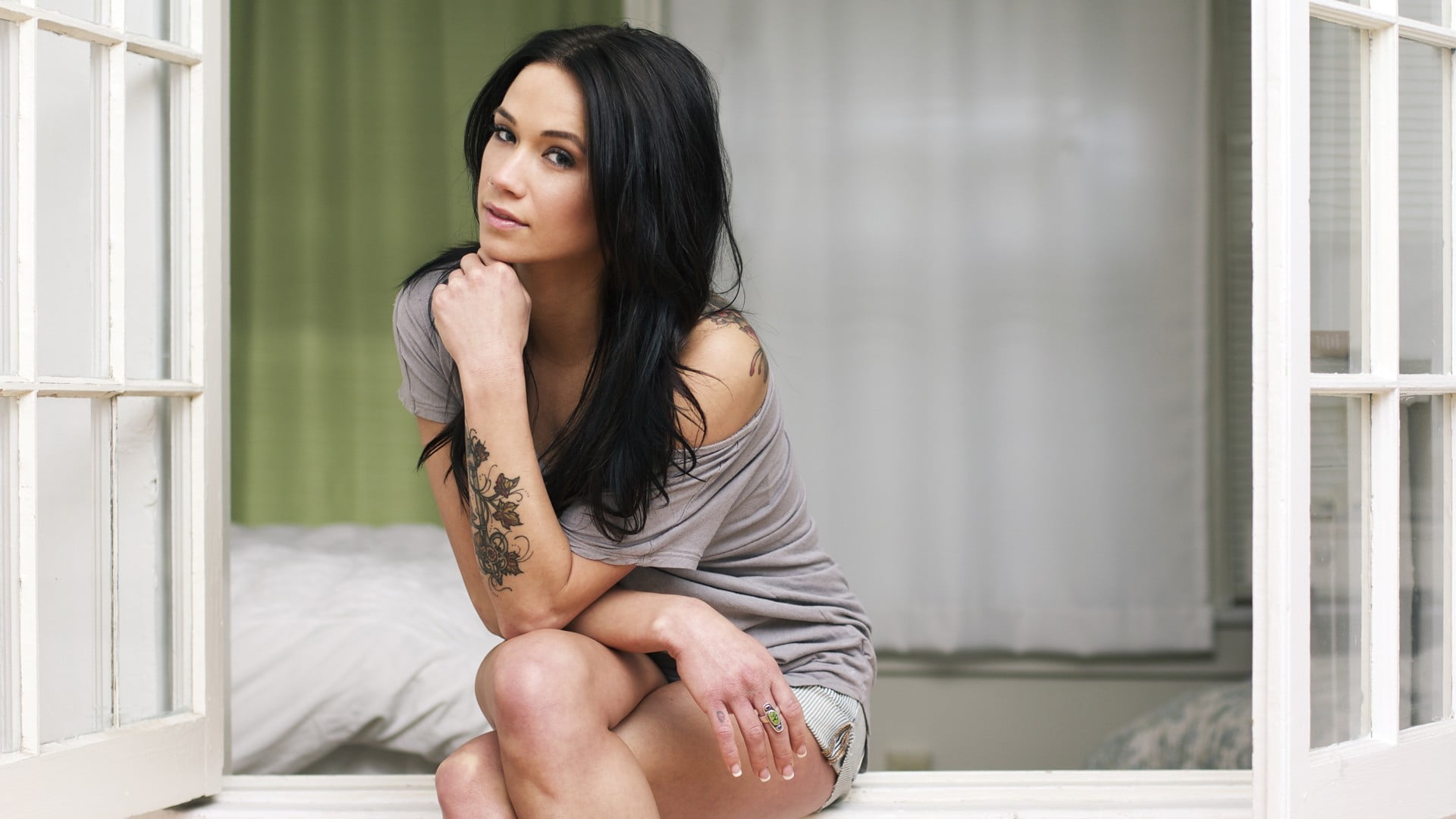 women, sitting, adult, indoors, long hair, tattoo, looking, hairstyle, 1080P, top, hair, young women, brown hair, beauty, one person, window, three quarter length, HD Wallpaper