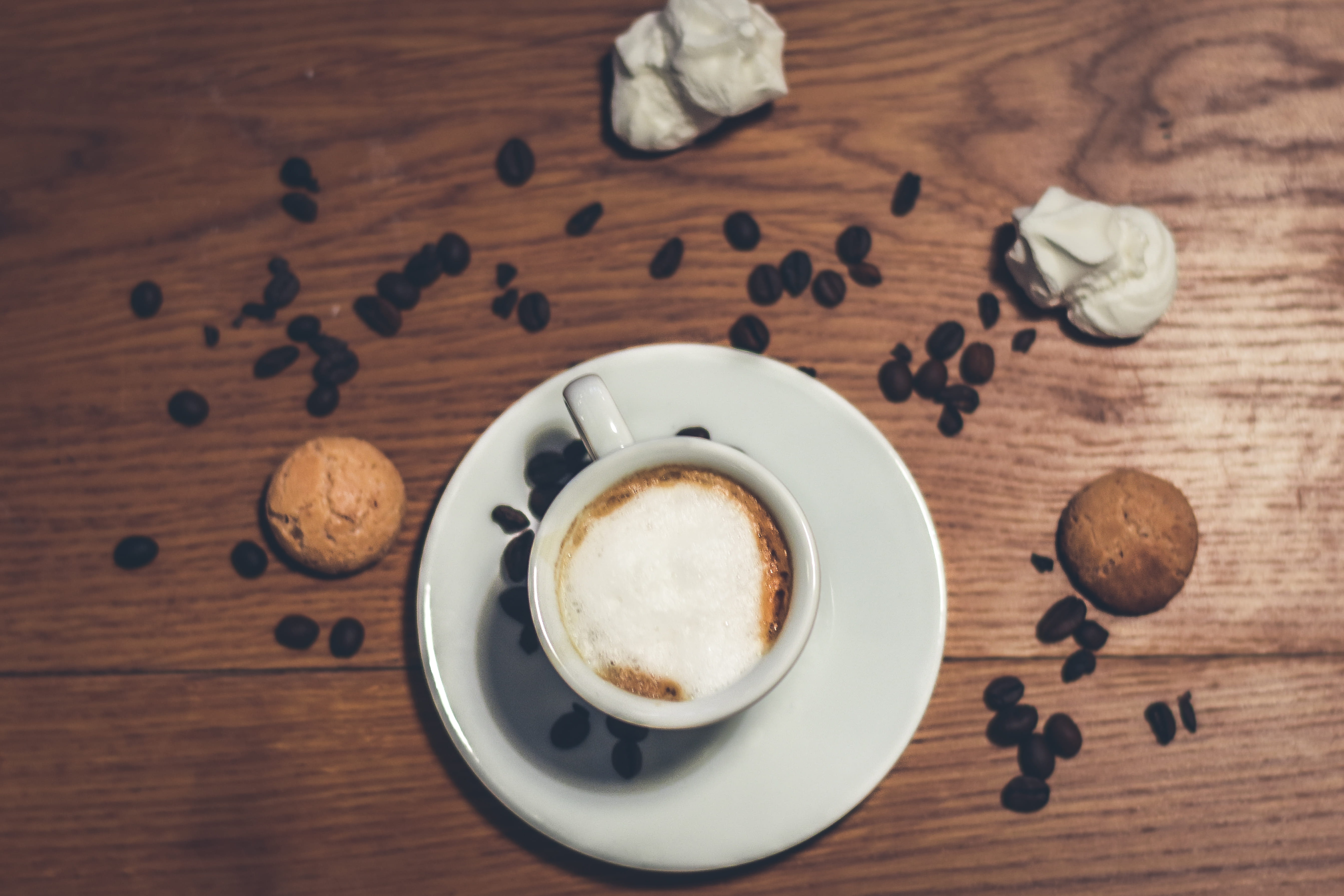 indoors, table, roasted coffee bean, crockery, food styling, roma, drink, non-alcoholic beverage, hot drink, espresso, latte, no people, 5K, wood - material, HD Wallpaper