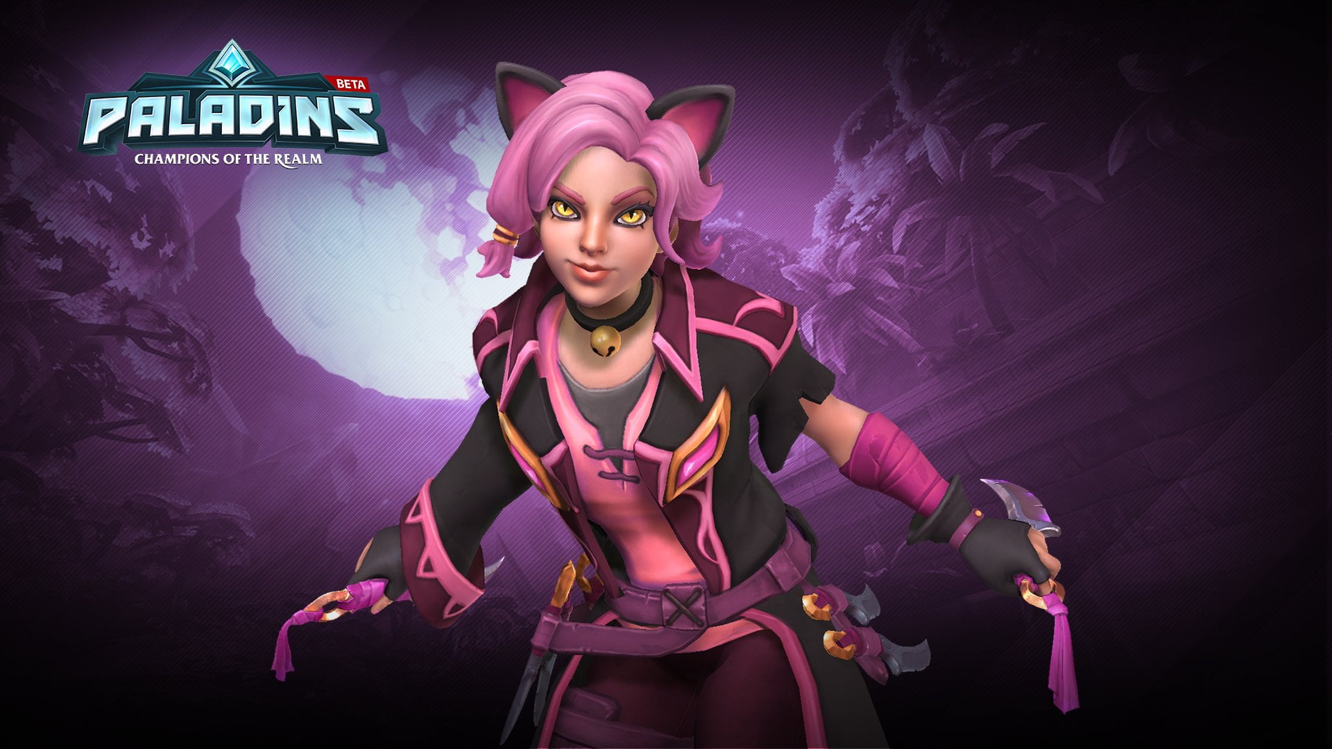 studio shot, Smile, Belt, Short Hair, Dagger, one person, Girl, Glove, adult, women, waist up, Pink Hair, sign, Video Game, 1080P, smoke - physical structure, HD Wallpaper