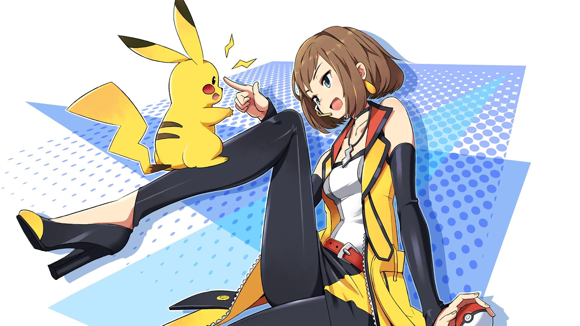 Earrings, Necklace, Pikachu, outdoors, creativity, blue, Pokken Tournament, Short Hair, Skirt, Smile, art and craft, butterfly - insect, front view, day, HD Wallpaper